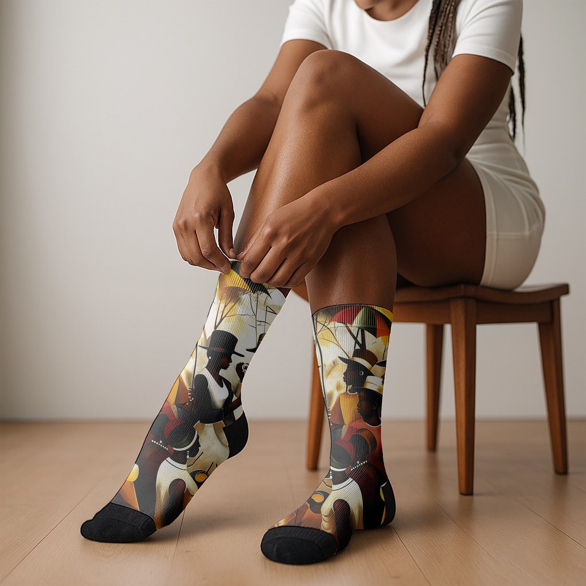 Juneteenth picnic crew socks featuring Afrocentric art of a joyful Picnic in the Park celebration, symbolizing Black culture, freedom, and community.