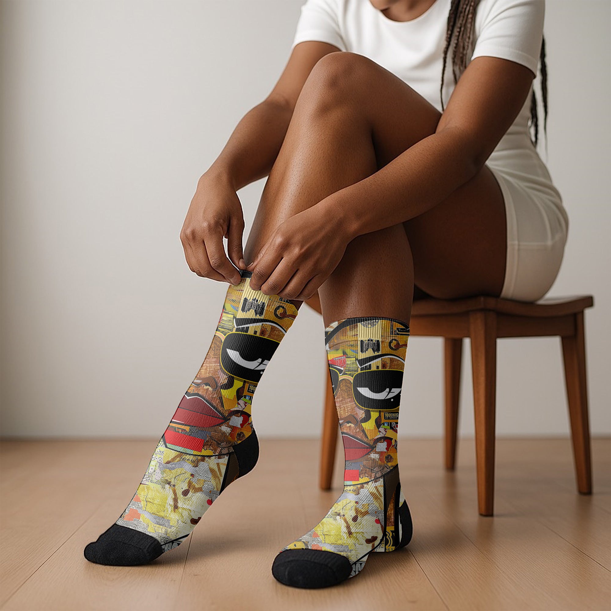 Boss Babe crew socks featuring Afrocentric graffiti art of a stylish Black woman cartoon named Keisha, celebrating confidence, melanin, and empowerment.