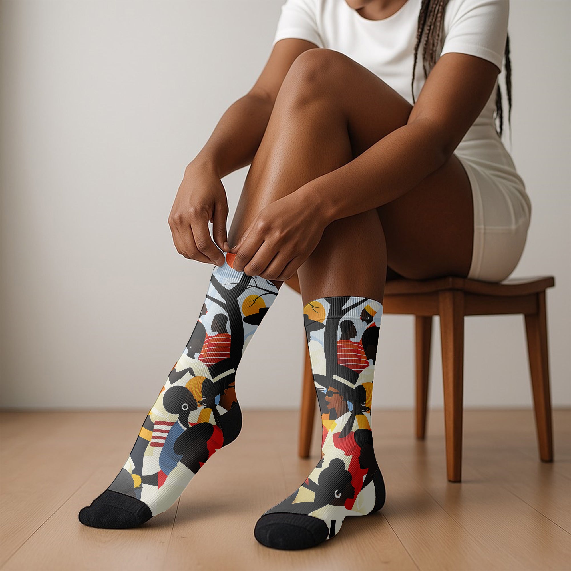 Juneteenth picnic crew socks featuring Afrocentric art of a joyful Picnic in the Park celebration, symbolizing Black culture, freedom, and community.