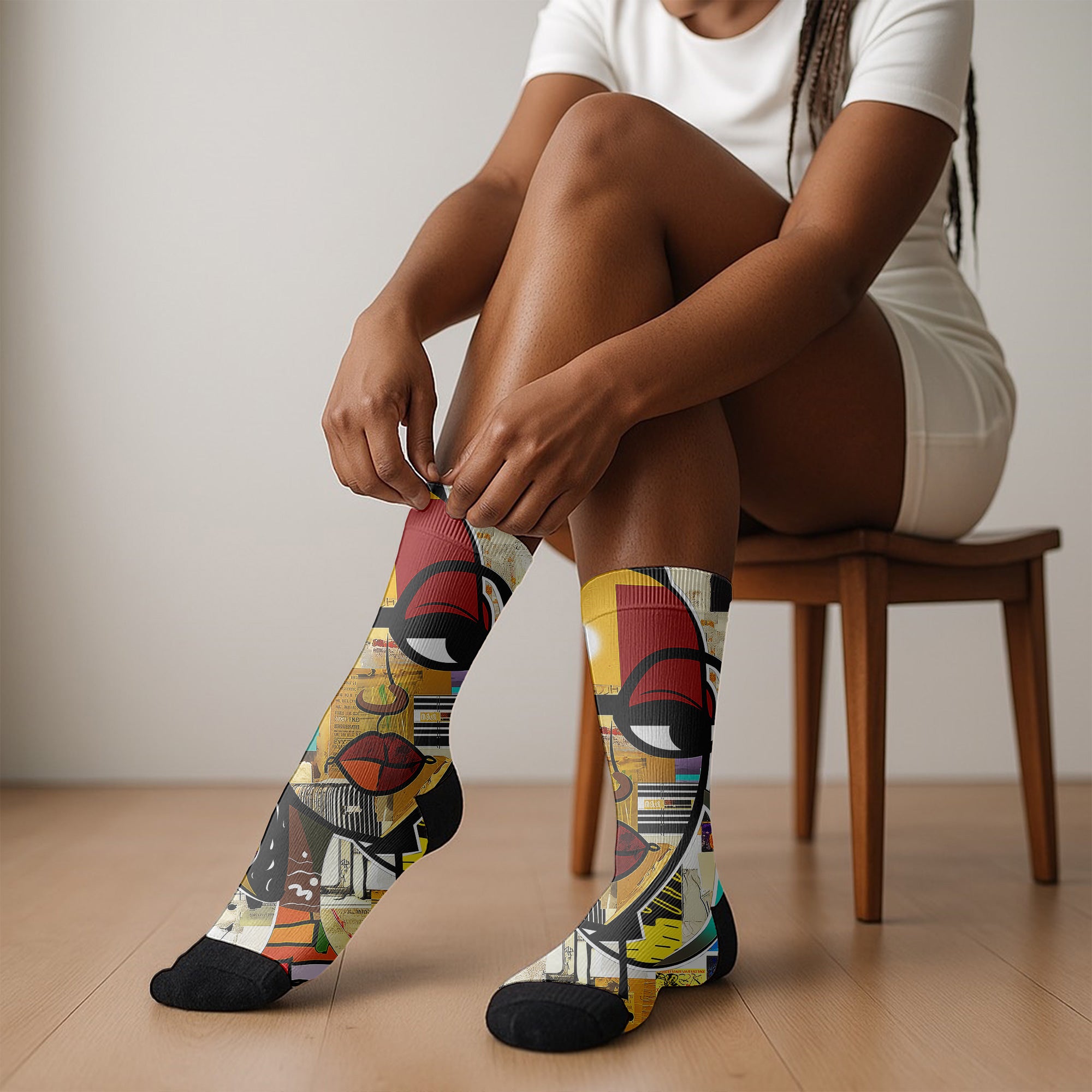 Boss Babe crew socks featuring Afrocentric graffiti art of a stylish Black woman cartoon named Latisha, celebrating confidence, melanin, and empowerment.