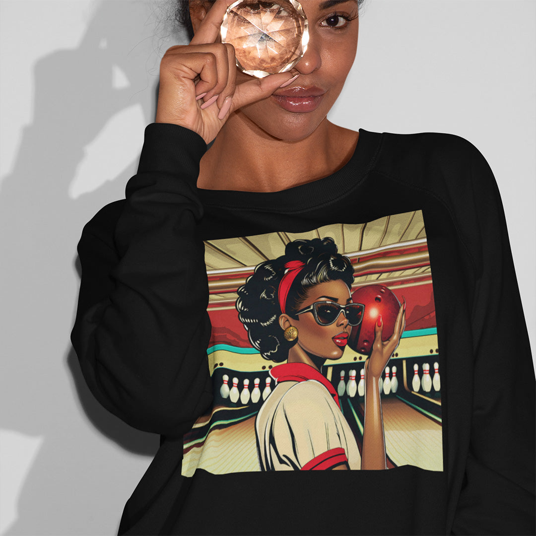 African American Woman Bowling Sweatshirt in black.