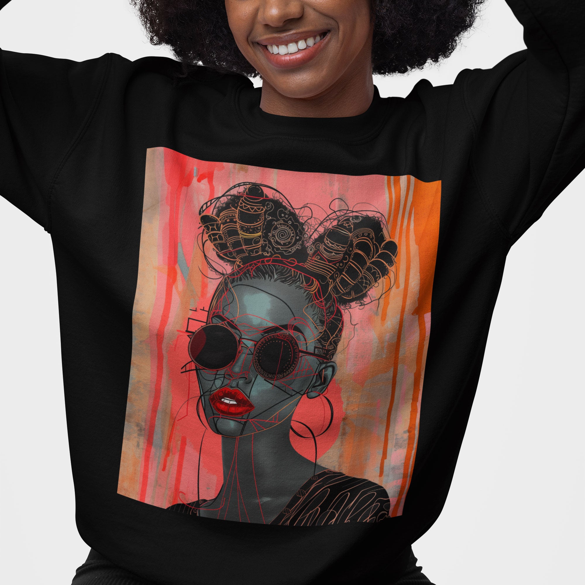 Black Woman Afrofuturism Sweatshirt featuring African American woman with Bantu knots and round fashion sunglasses, Afrocentric unisex top with futuristic and cultural design.