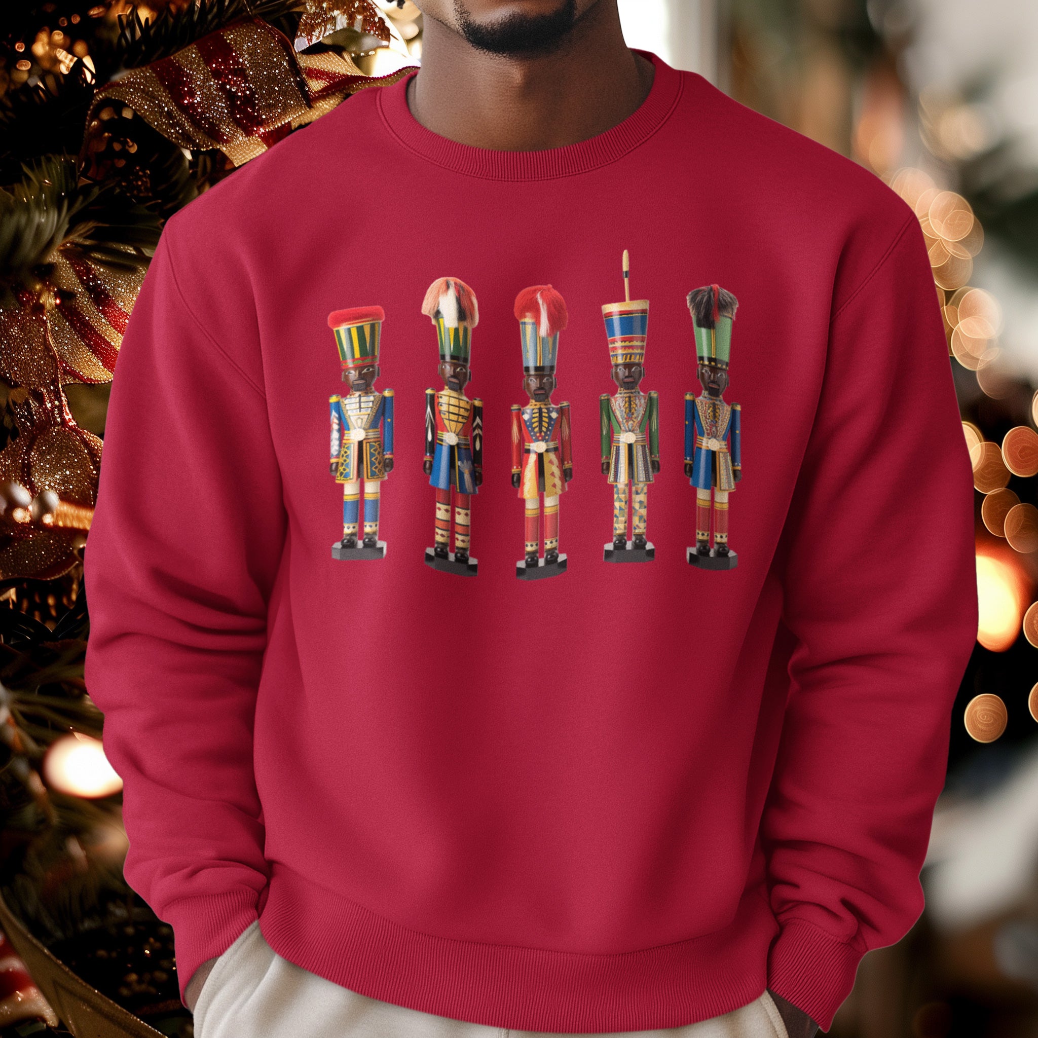 Black Nutcracker Soldiers Sweatshirt featuring African American nutcracker soldier designs, holiday Christmas apparel, ugly sweater gift, festive holiday party celebration crewneck.