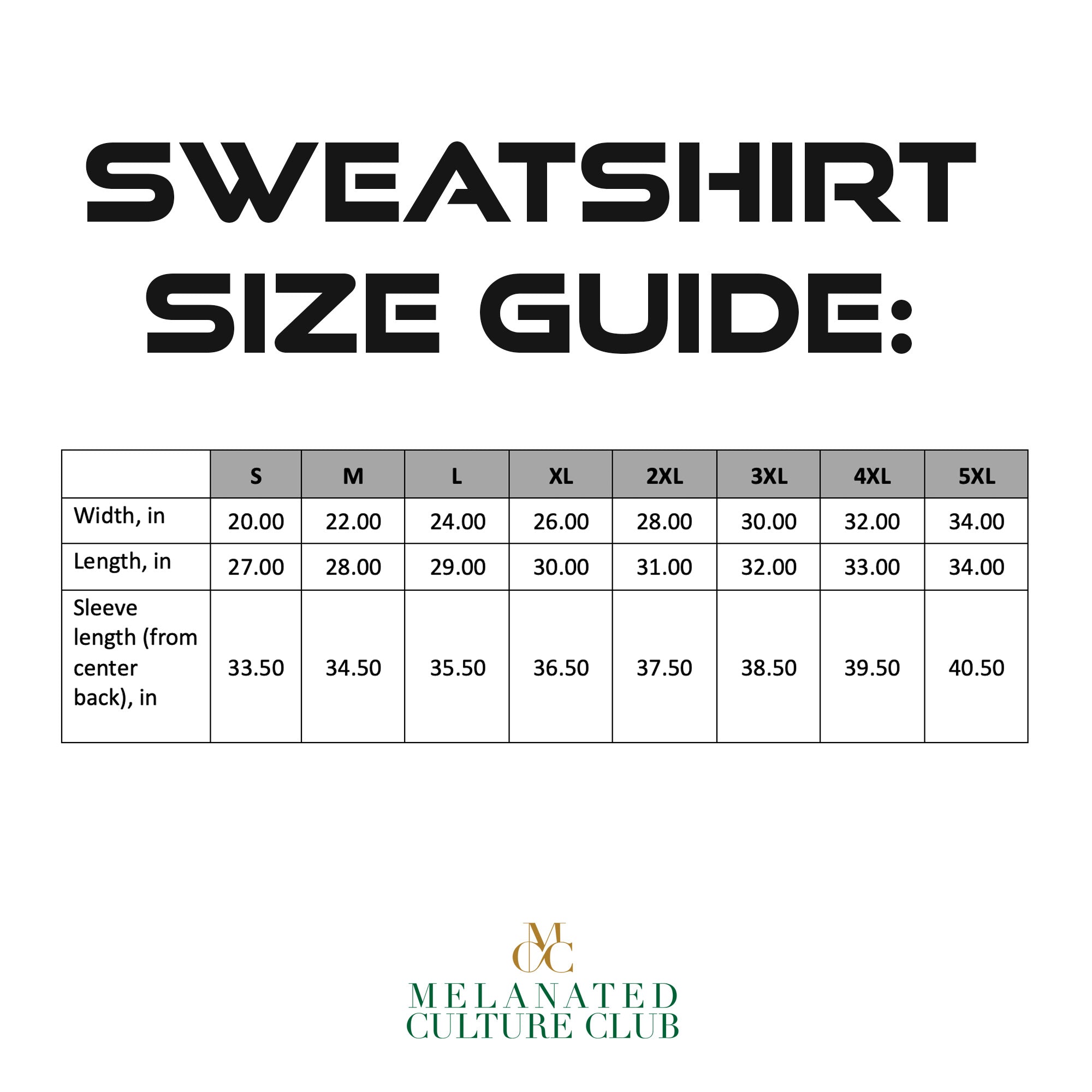 Sweatshirt size guide.