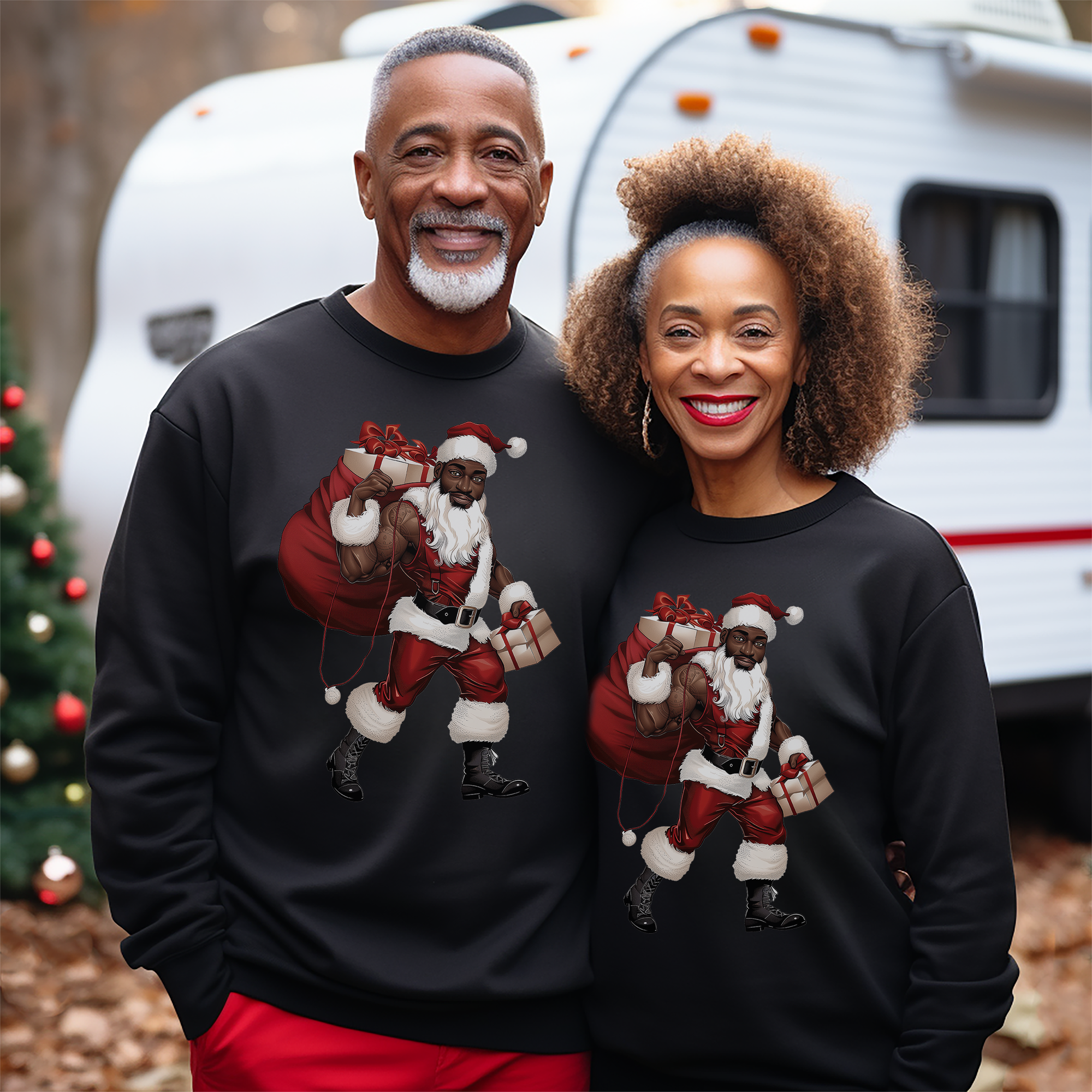 Celebrate the holidays in style with this Black Santa Sweatshirt featuring a sexy, muscular African American Santa Claus. A bold Brown Santa Christmas Sweater with Afrocentric flair—perfect for Ugly Christmas Sweater parties and holiday fun.