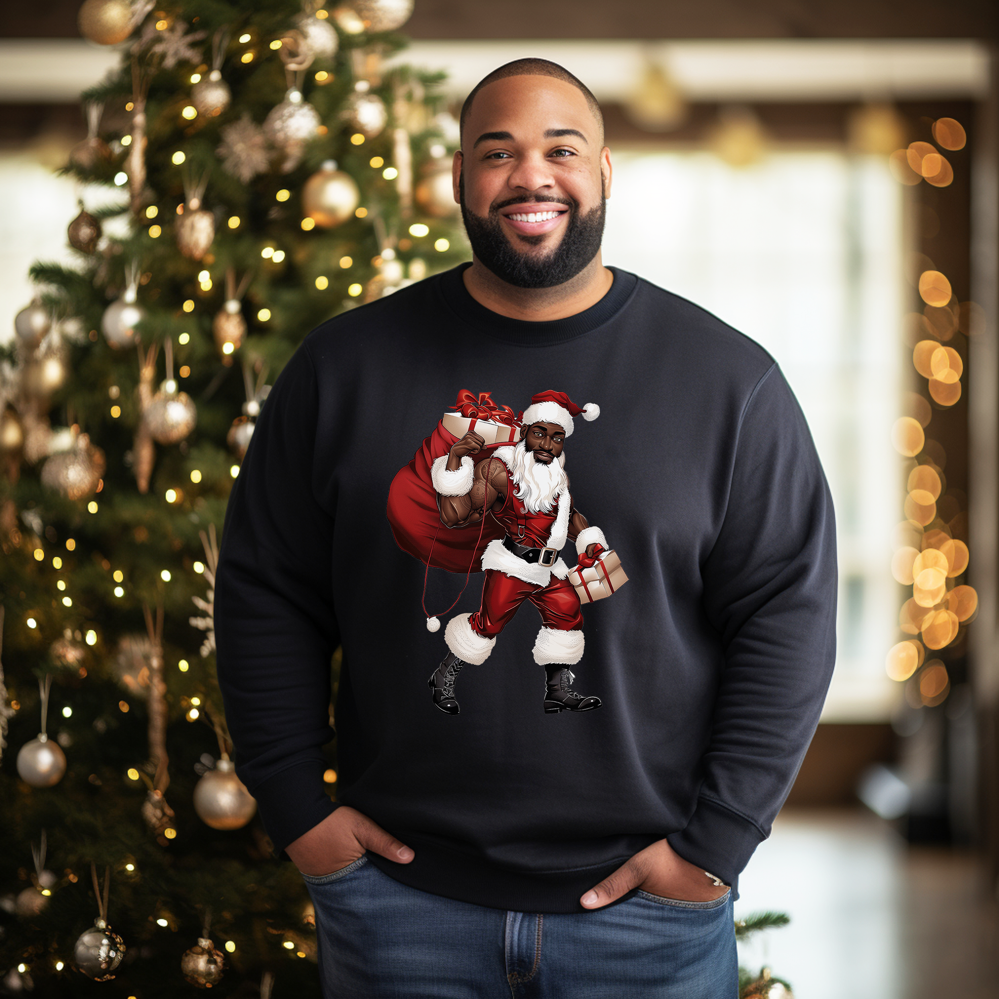 Celebrate the holidays in style with this Black Santa Sweatshirt featuring a sexy, muscular African American Santa Claus. A bold Brown Santa Christmas Sweater with Afrocentric flair—perfect for Ugly Christmas Sweater parties and holiday fun.