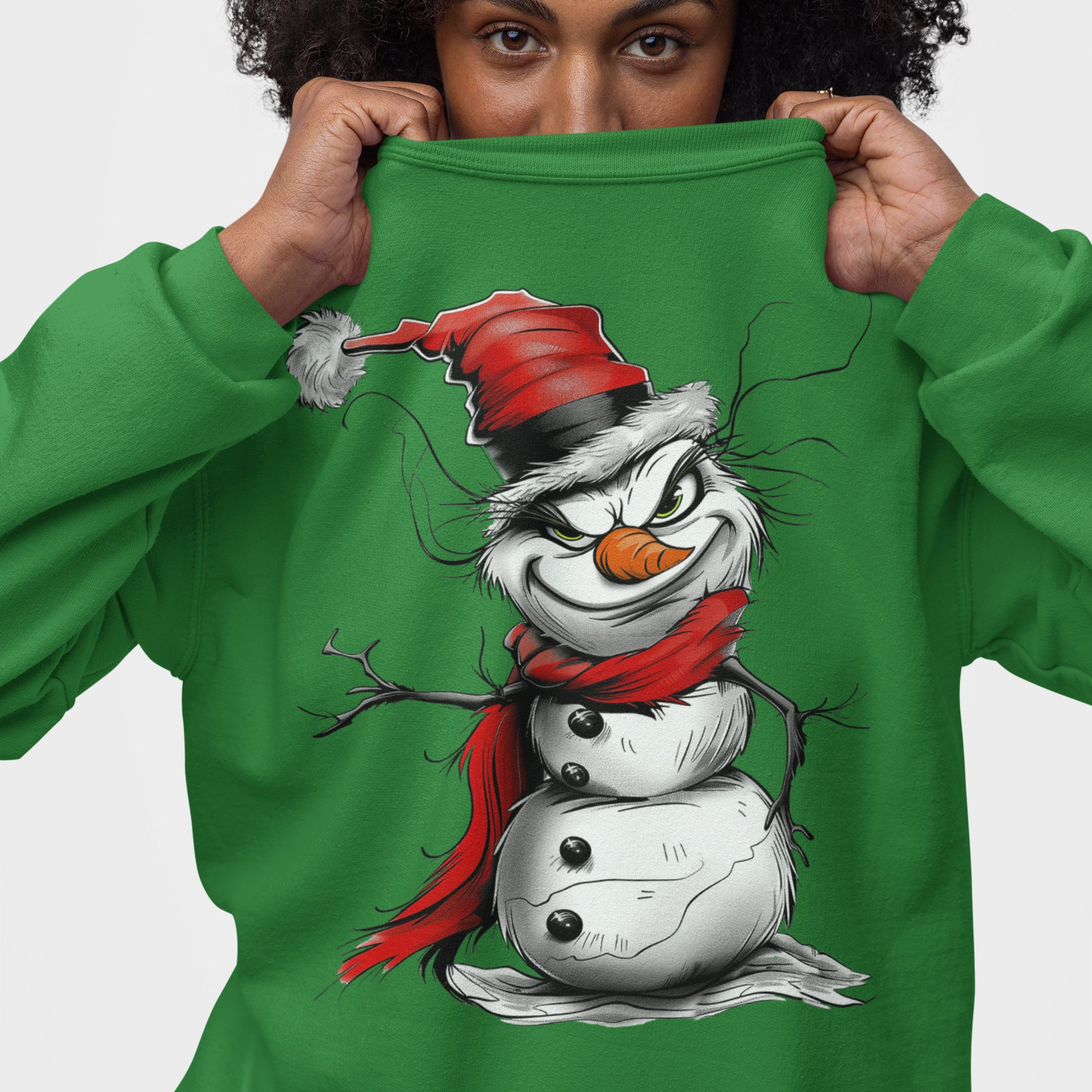 Snowman Grinch Sweatshirt featuring a unique snowman with a naughty, Grinch-inspired face – festive holiday Christmas sweater perfect for parties and seasonal wear.