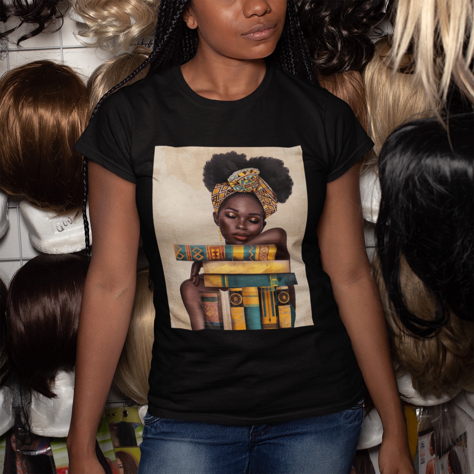 Afrocentric illustration of a young Black woman with a serene expression hugging a stack of books, symbolizing education, knowledge, legacy, and generational success.