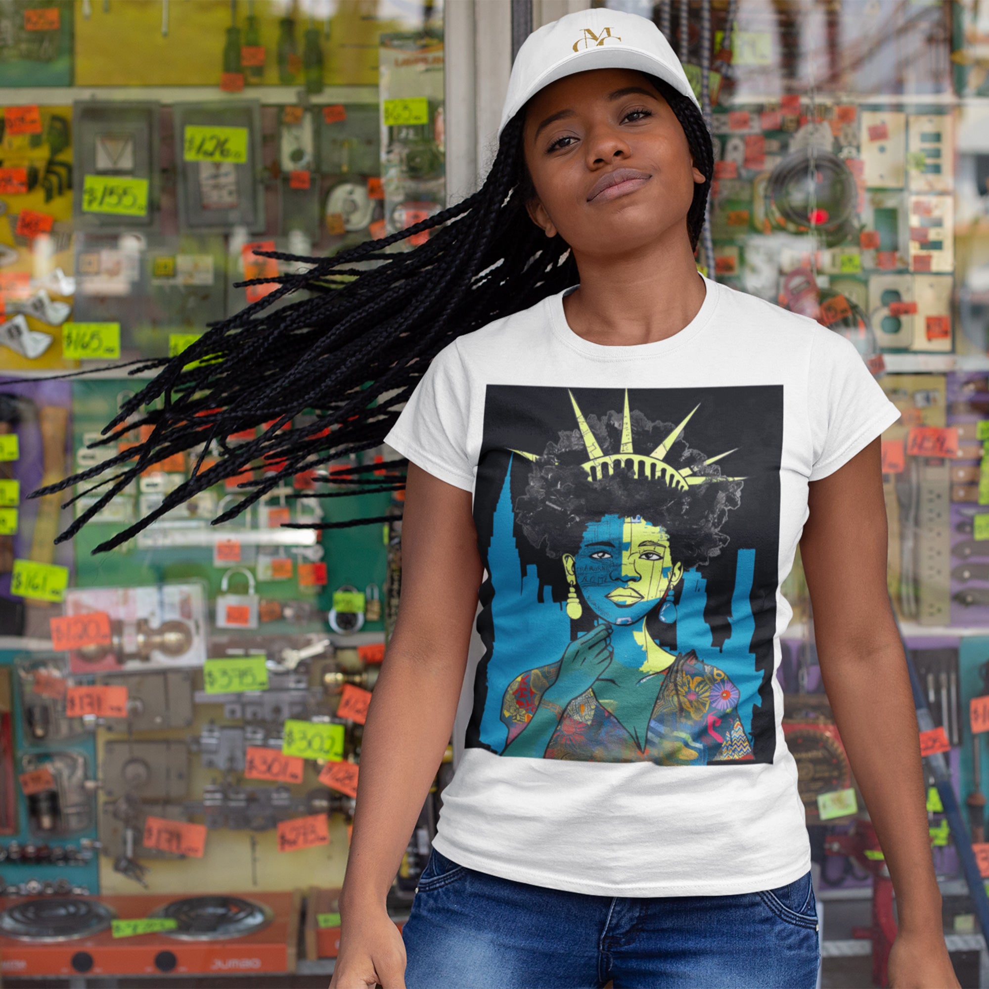 Black Woman Art Statue of Liberty Tee in white - Style 12