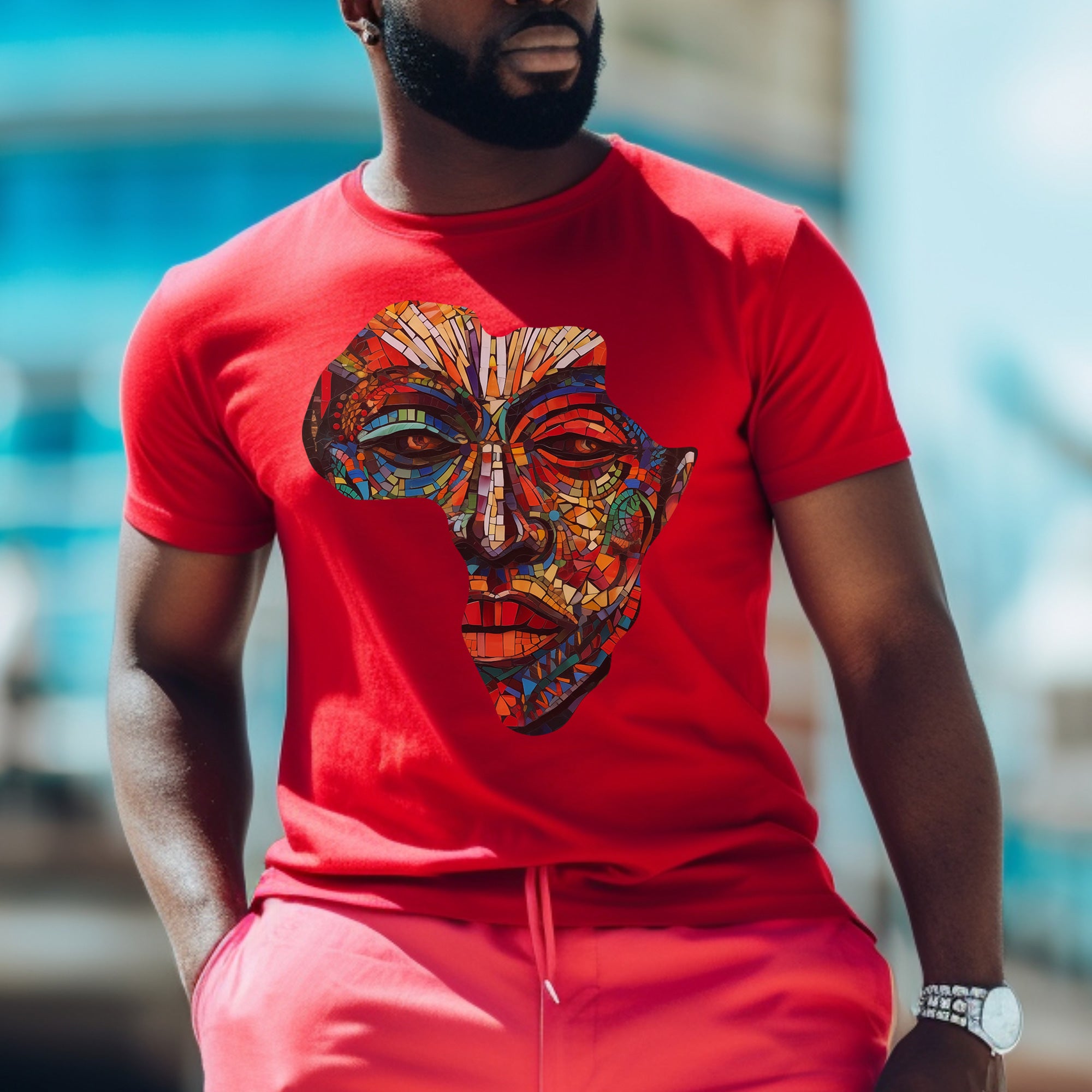 Continent of Africa Tee Shirt featuring an abstract African mask within a mosaic-style Africa map. A bold Afrocentric top celebrating Black culture, heritage, and identity, perfect for unique gifting.