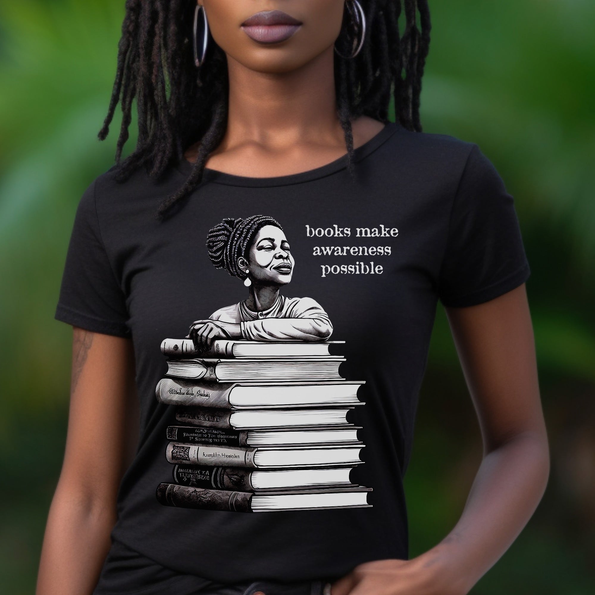 Black Woman Reading Books Tee Shirt in black.