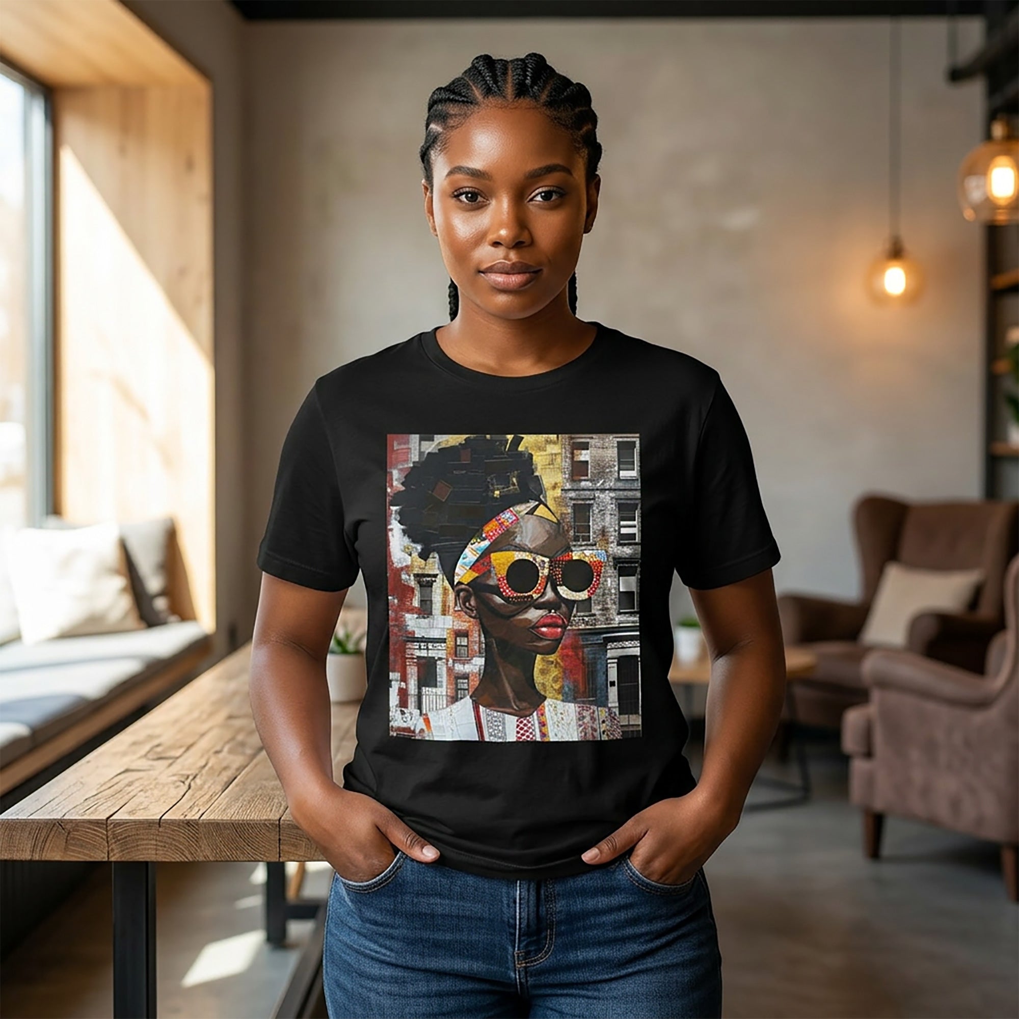 Best Seller Boss Babe graphic tee featuring an abstract cartoon-style Black woman, Lakendra with large round pop-art style sunglasses. The design has a vibrant, graffiti-inspired aesthetic that celebrates African American beauty, confidence, and urban art style.