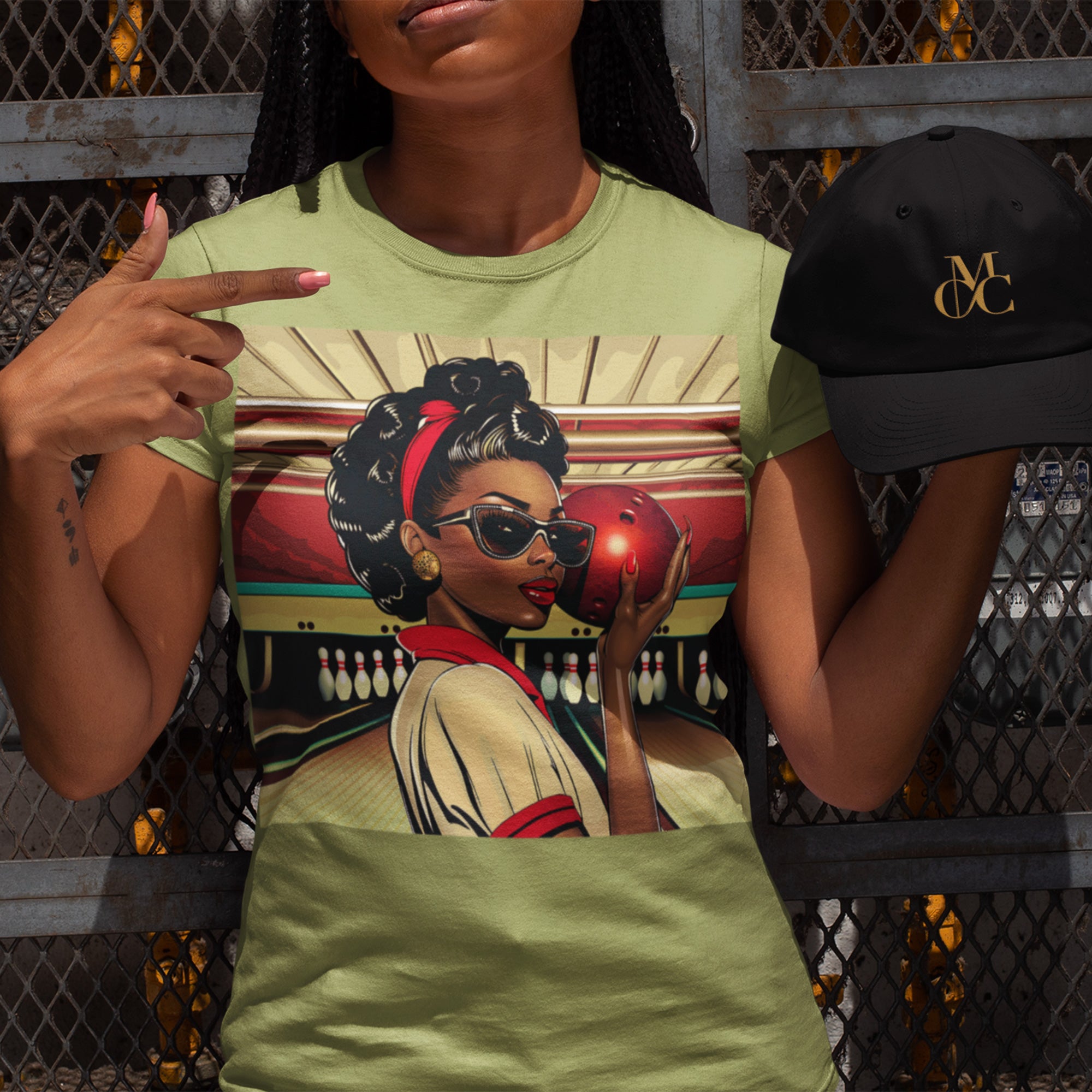 Woman Bowling Shirt African American Woman Tee Retro Pop Art in olive