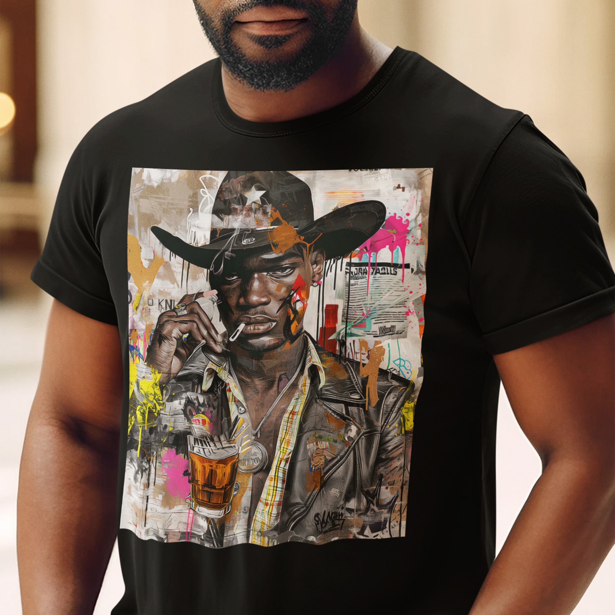 Black Cowboy Tee Cartoon Style Graffiti Collage Edgy - Style 03 - in black.