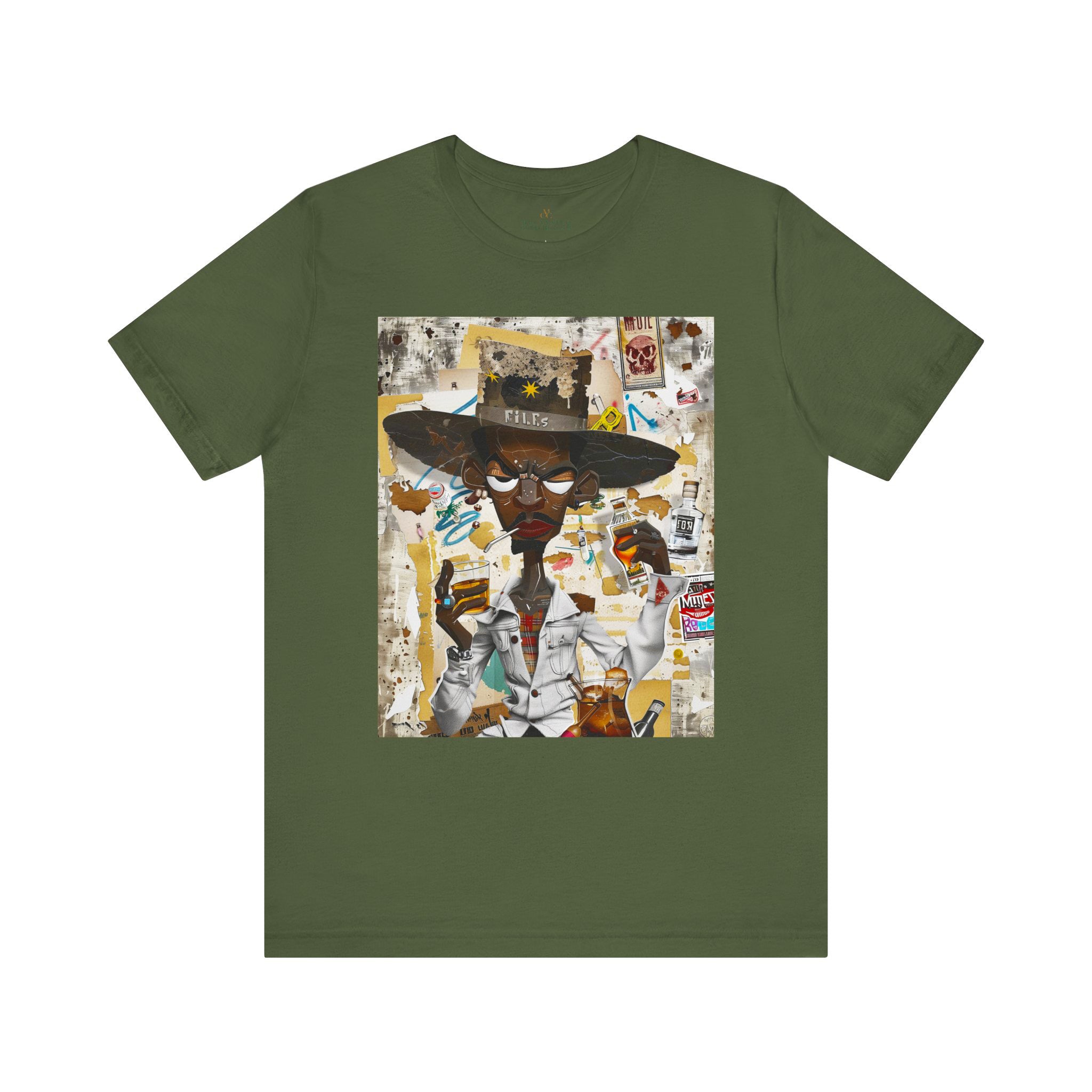 Cowboy Tee featuring a cartoon-style African American cowboy smoking a cigarette and drinking whiskey. A bold, graffiti collage pop art design with an edgy Western and Afrocentric cultural vibe. 