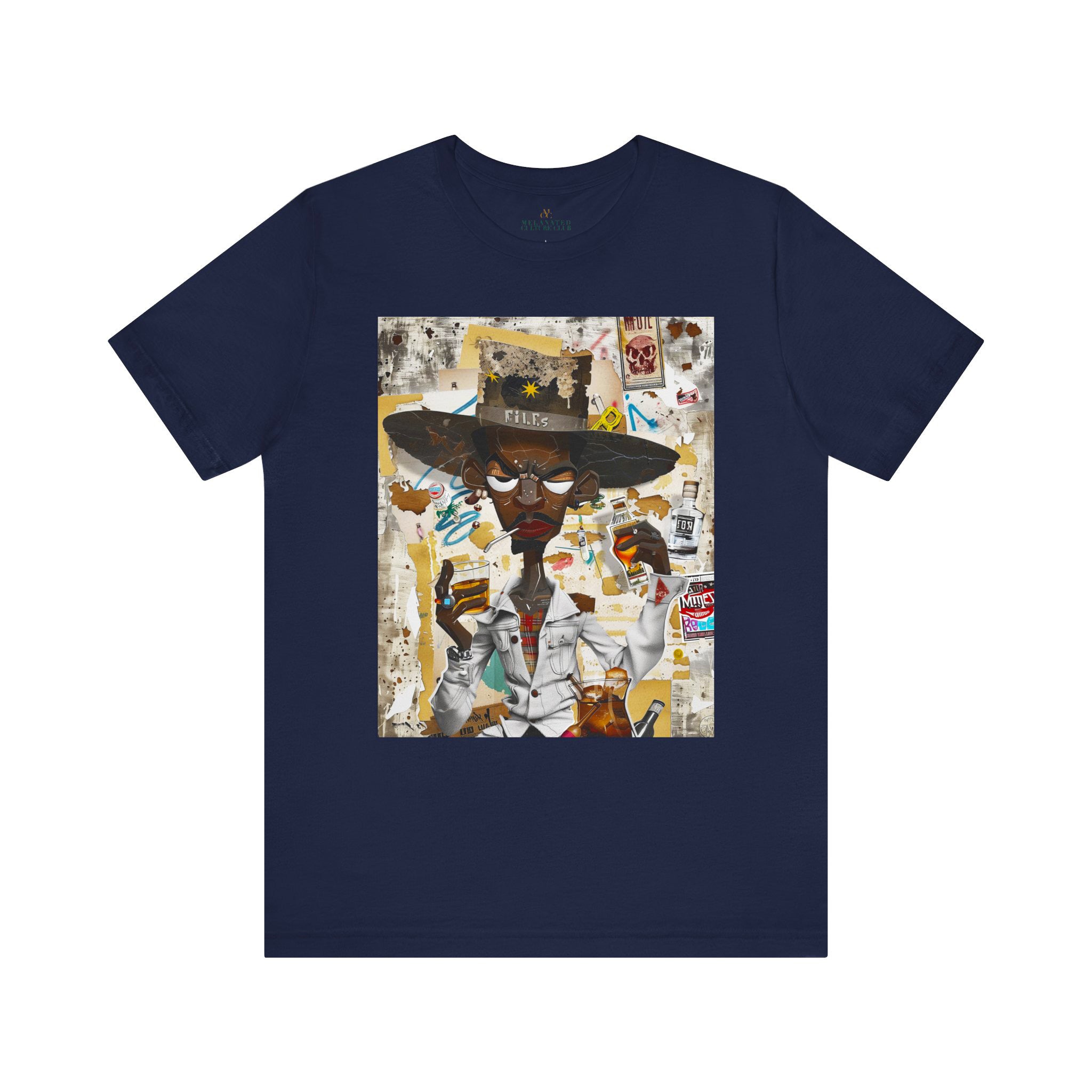 Cowboy Tee featuring a cartoon-style African American cowboy smoking a cigarette and drinking whiskey. A bold, graffiti collage pop art design with an edgy Western and Afrocentric cultural vibe. 