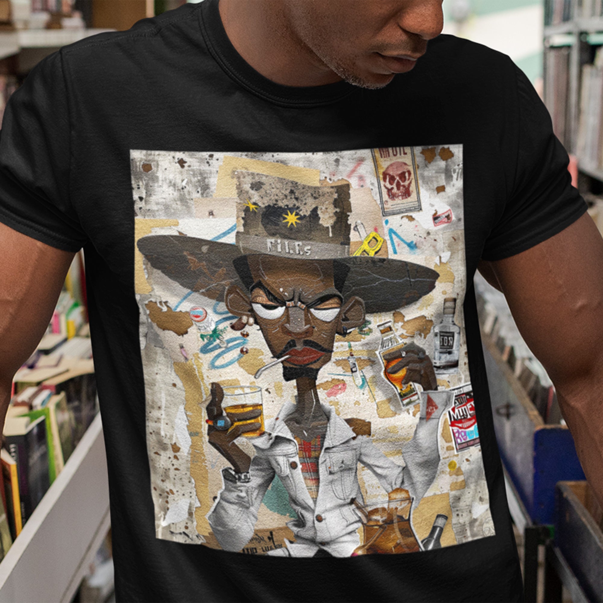 Afrocentric Black Cowboy Tee Cartoon Style Graffiti - Style 08 in black