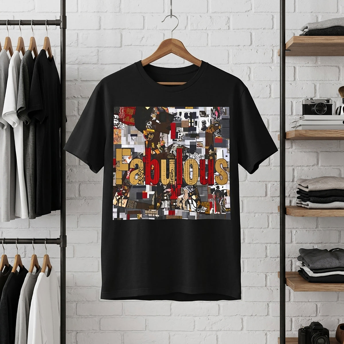 A black short-sleeve t-shirt hanging on a wooden hanger against a white brick wall, featuring a large graphic print with the word 'Fabulous' in gold and red letters over a collage of images featuring a stylized Black female.