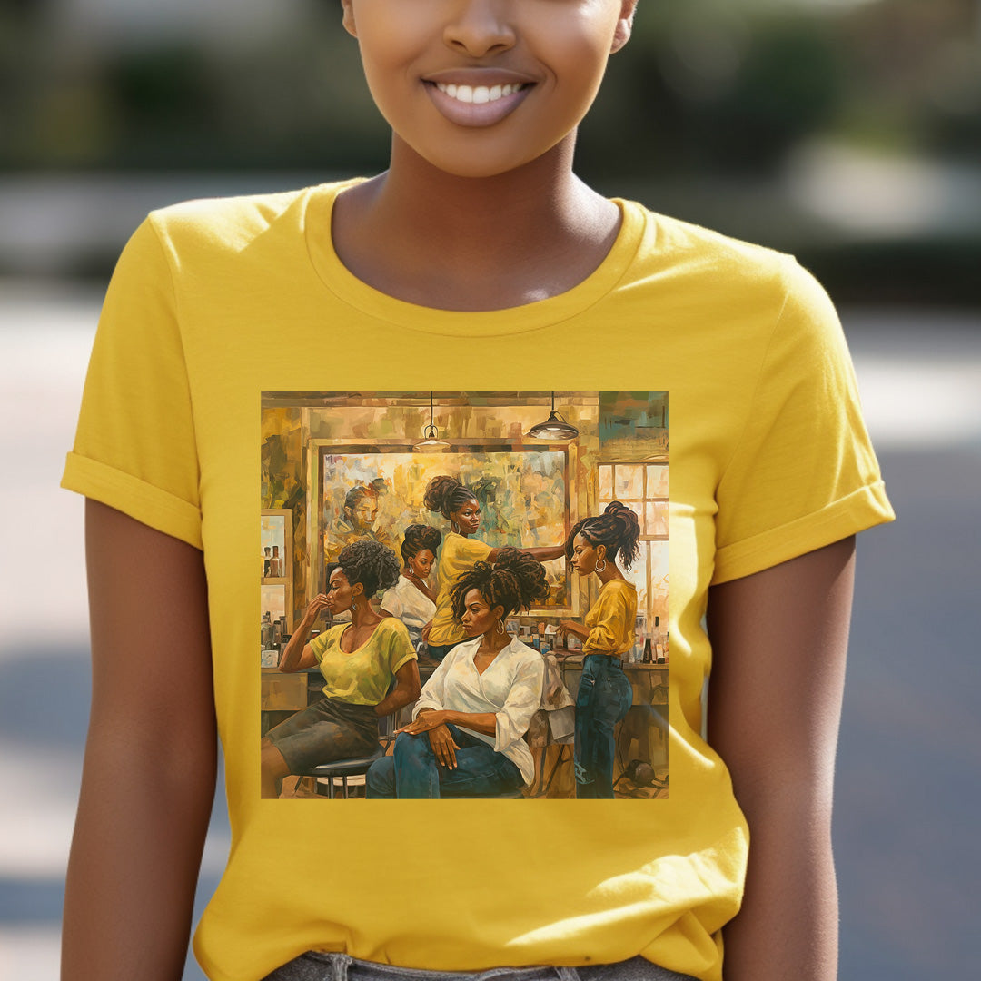 Black Beauty Shop Tee Shirt Black Hair Salon in mustard.