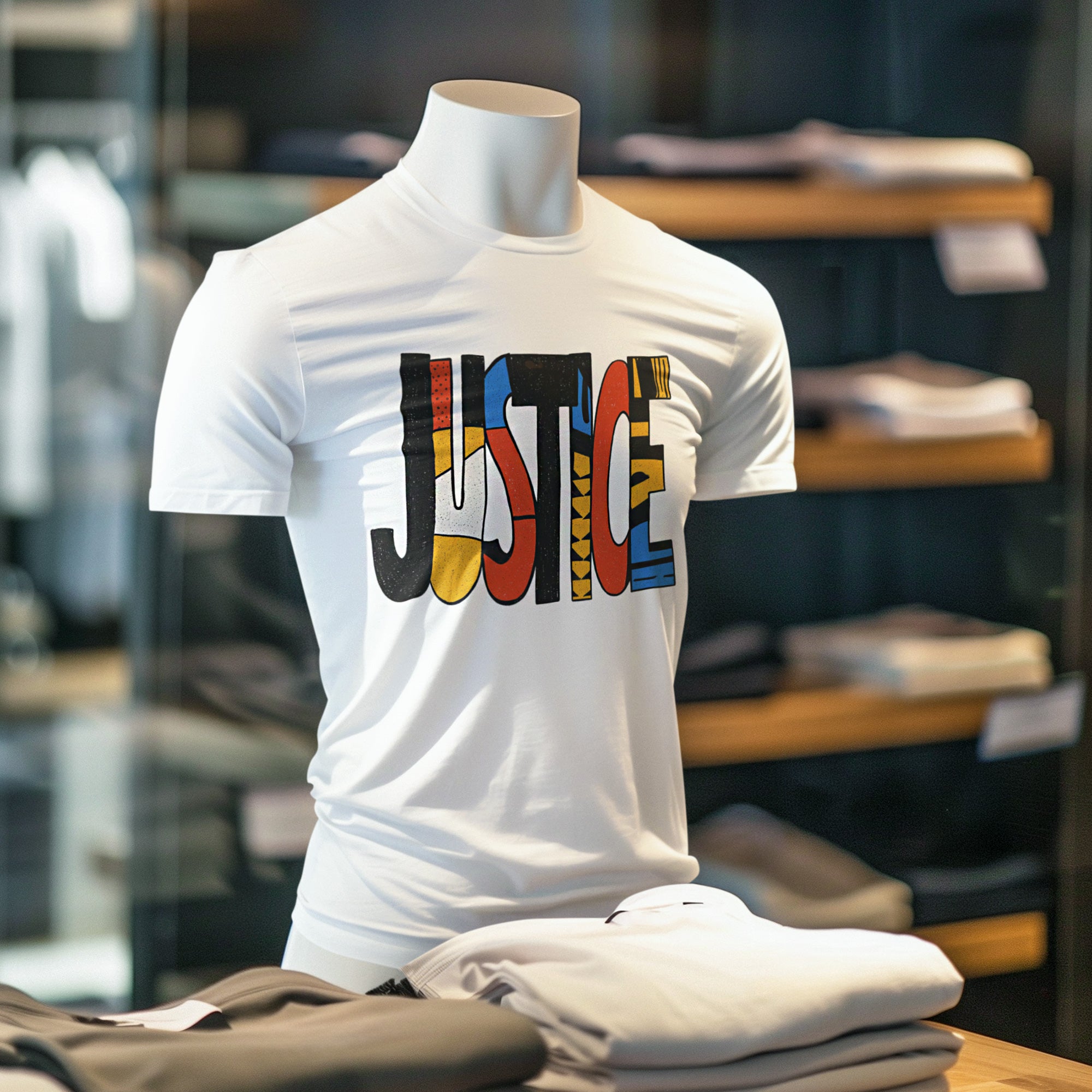 A white short-sleeve T-shirt displayed on a mannequin torso in a retail setting. The shirt features a large front graphic spelling "JUSTICE" in bold, multicolored block letters with black, red, yellow, and blue patterns.