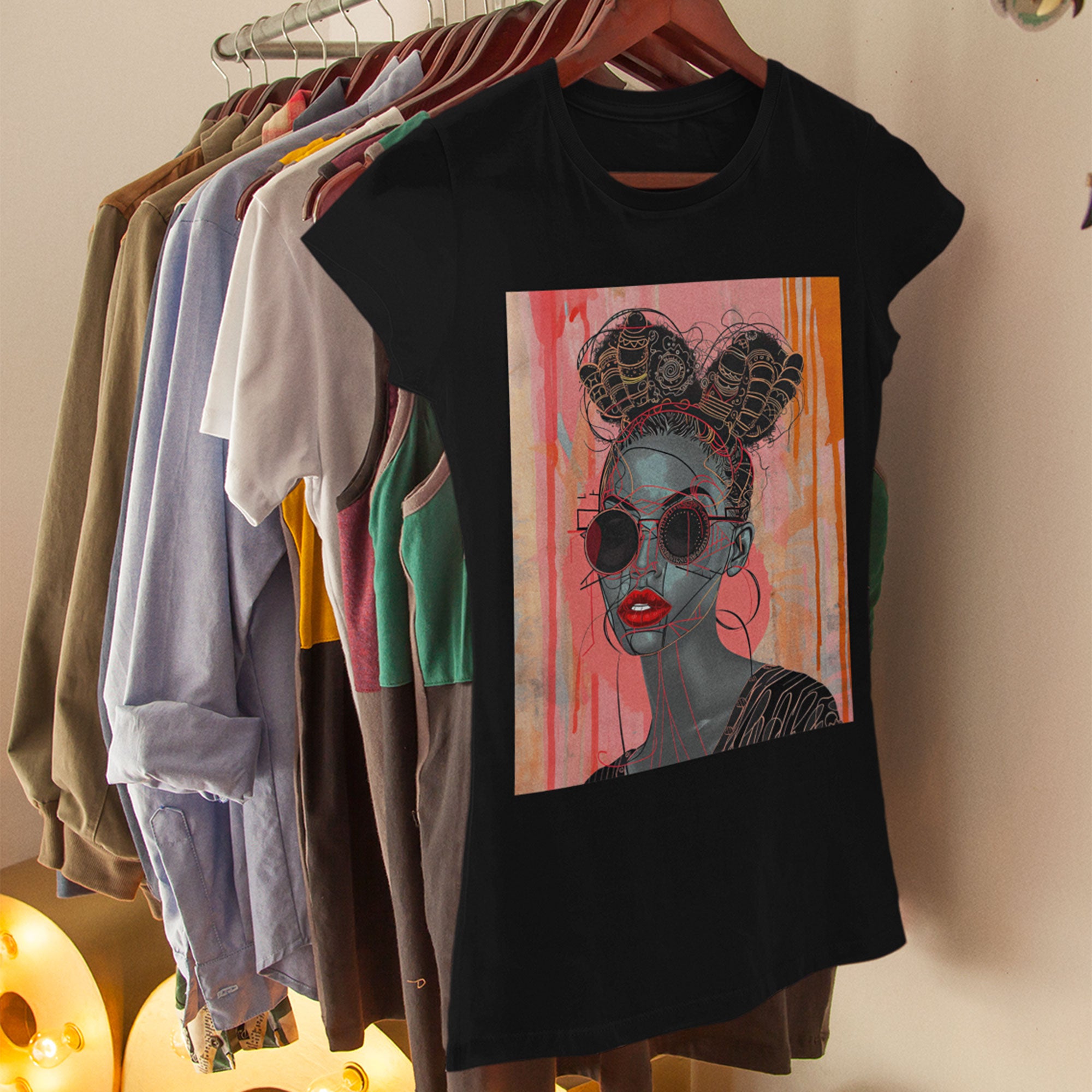 Black Woman Afrofuturism Tee featuring African American woman with Bantu knots and round fashion sunglasses, Afrocentric unisex shirt with futuristic and cultural design.
