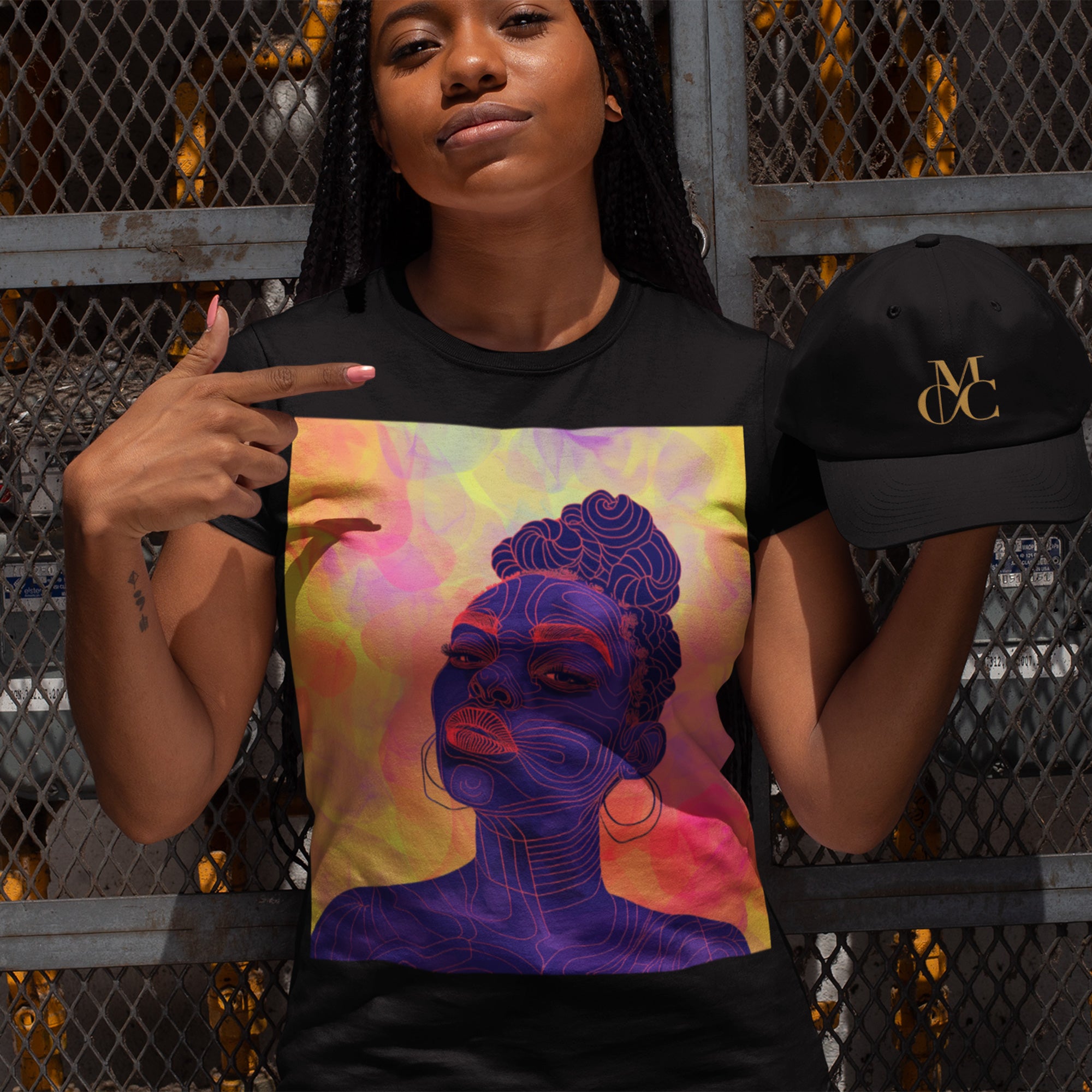 Leela Tee featuring Black woman with royal blue skin and red lipstick, Afrocentric fashion t-shirt for African American women, unisex apparel.