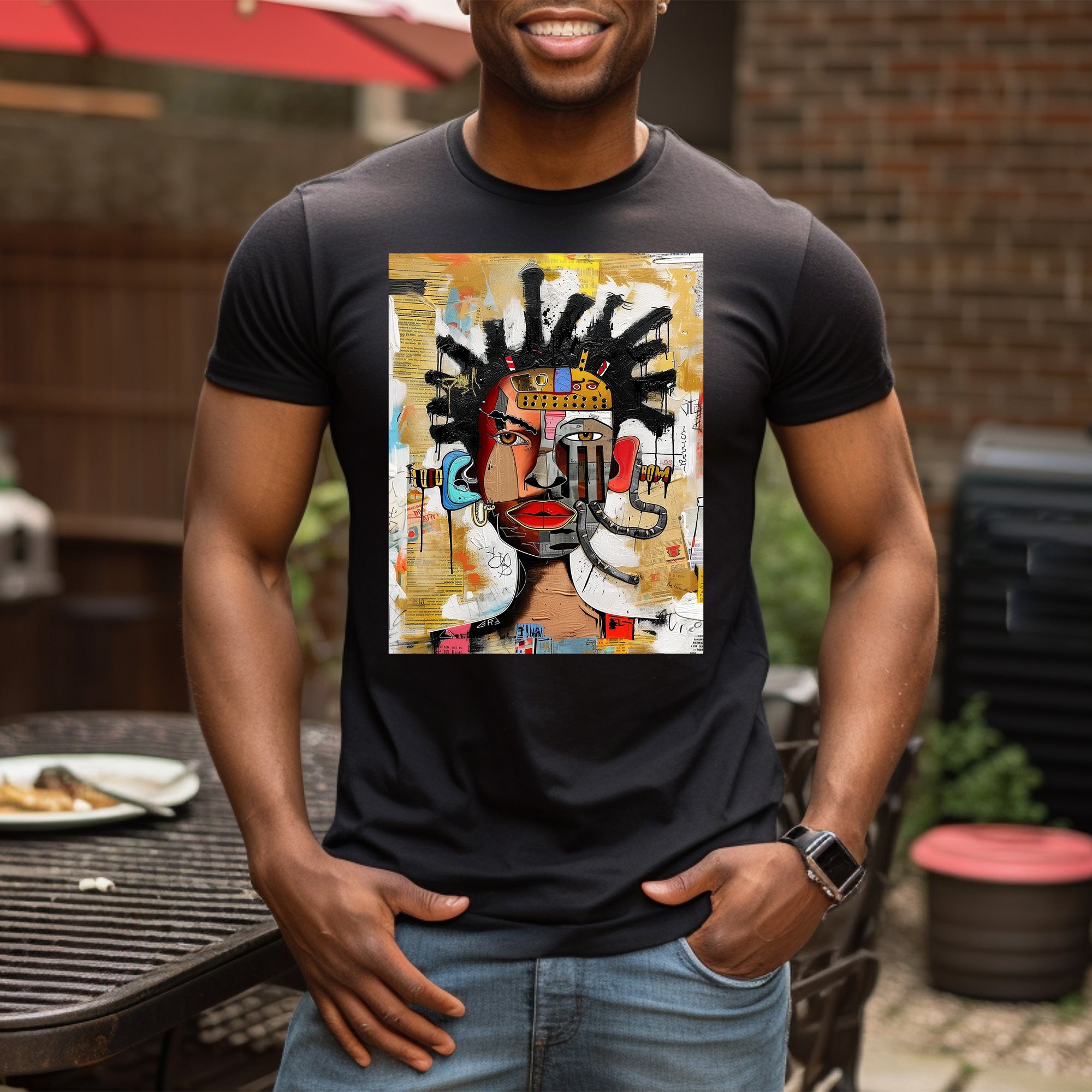 Abstract Afrocentric t-shirt featuring a split-face portrait of a Black man, half human and half robot, with expressive facial features and futuristic mechanical details in an Afrofuturism art style.