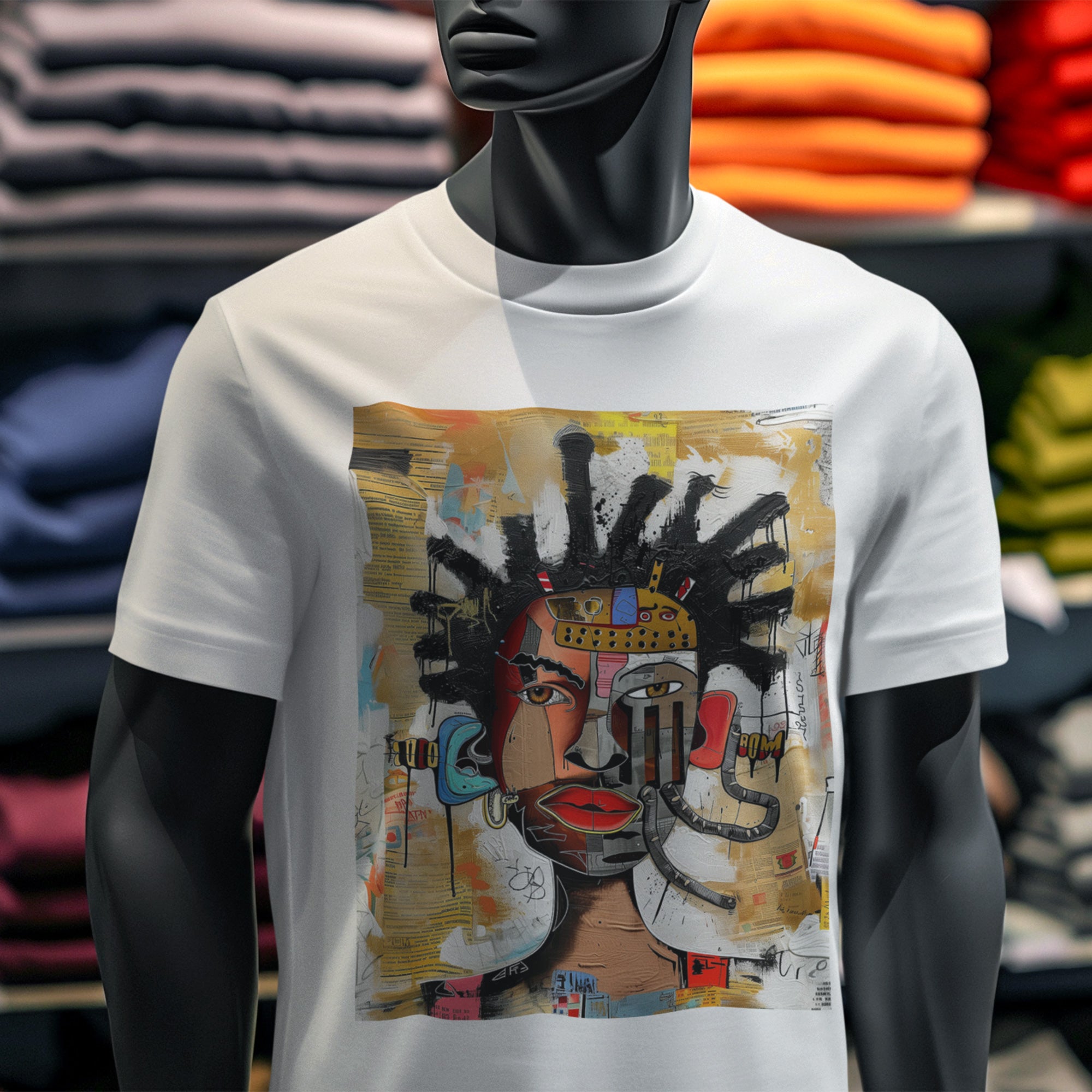 Abstract Afrocentric t-shirt featuring a split-face portrait of a Black man, half human and half robot, with expressive facial features and futuristic mechanical details in an Afrofuturism art style.