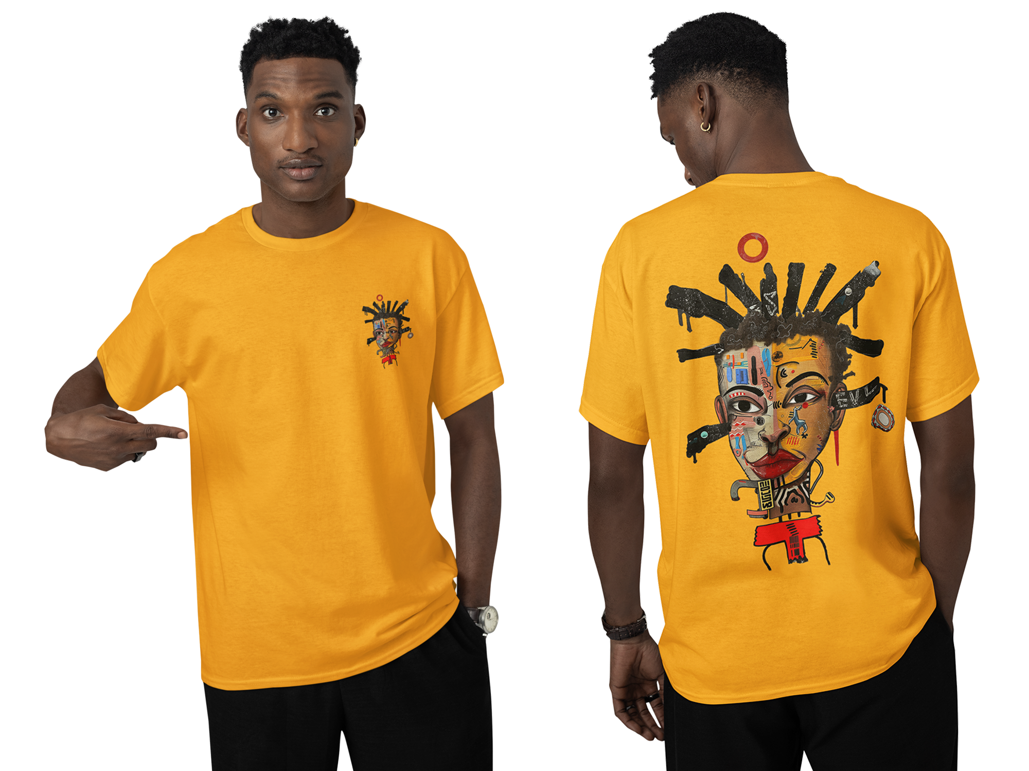 Abstract Afrocentric t-shirt featuring a split-face portrait of a Black man, half human and half robot, with expressive facial features and futuristic mechanical details in an Afrofuturism art style.  Robot man art on both front and back of t-shirt. Series 02
