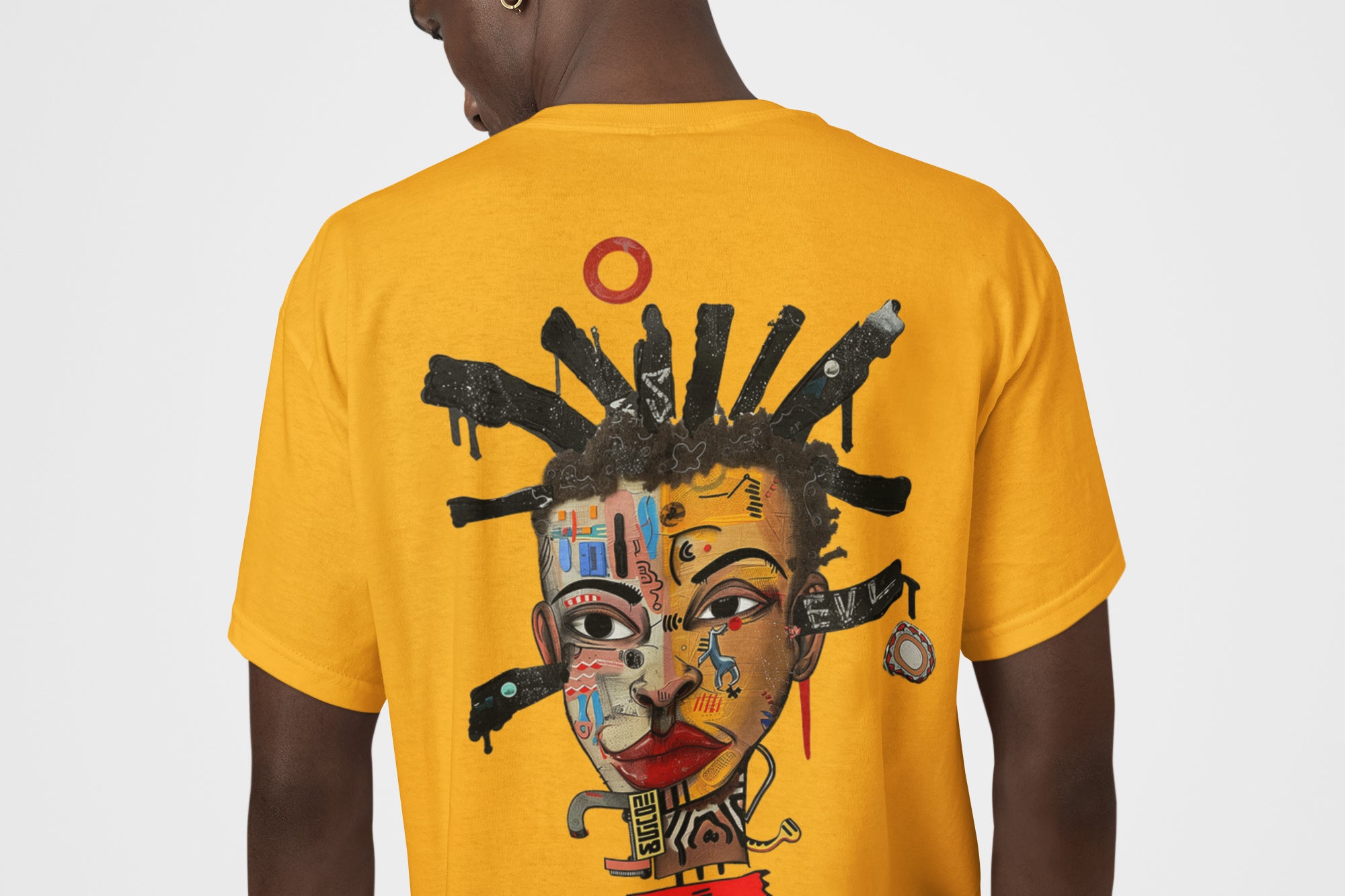 Abstract Afrocentric t-shirt featuring a split-face portrait of a Black man, half human and half robot, with expressive facial features and futuristic mechanical details in an Afrofuturism art style.  Robot man art on both front and back of t-shirt. Series 02