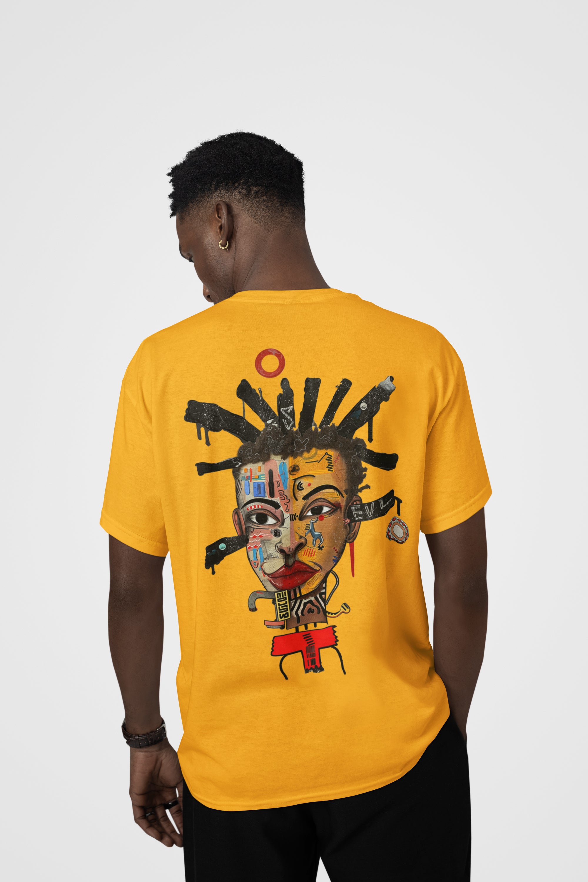 Abstract Afrocentric t-shirt featuring a split-face portrait of a Black man, half human and half robot, with expressive facial features and futuristic mechanical details in an Afrofuturism art style.  Robot man art on both front and back of t-shirt. Series 02
