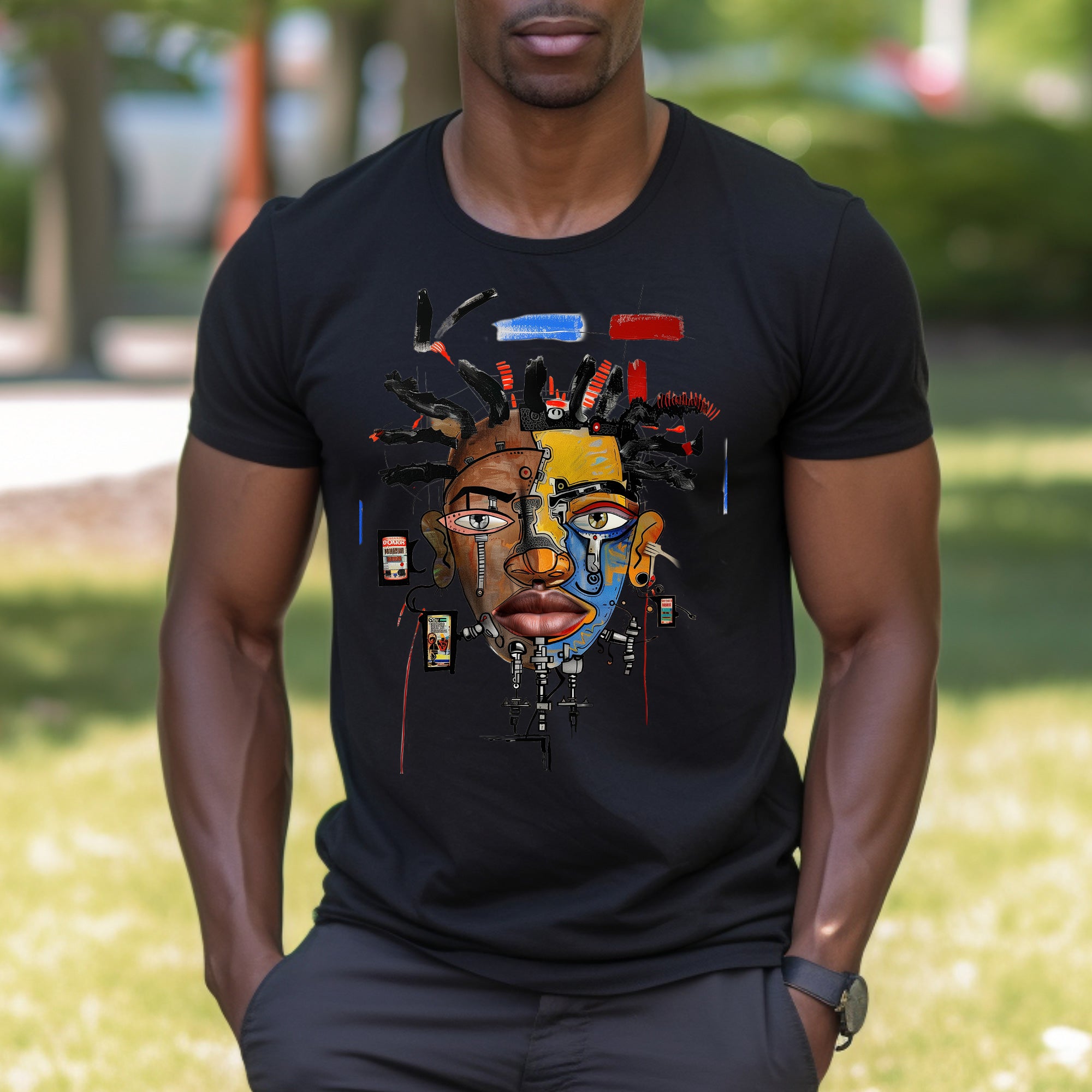 Abstract Afrocentric t-shirt featuring a split-face portrait of a Black man, half human and half robot, with expressive facial features and futuristic mechanical details in an Afrofuturism art style. Series 03