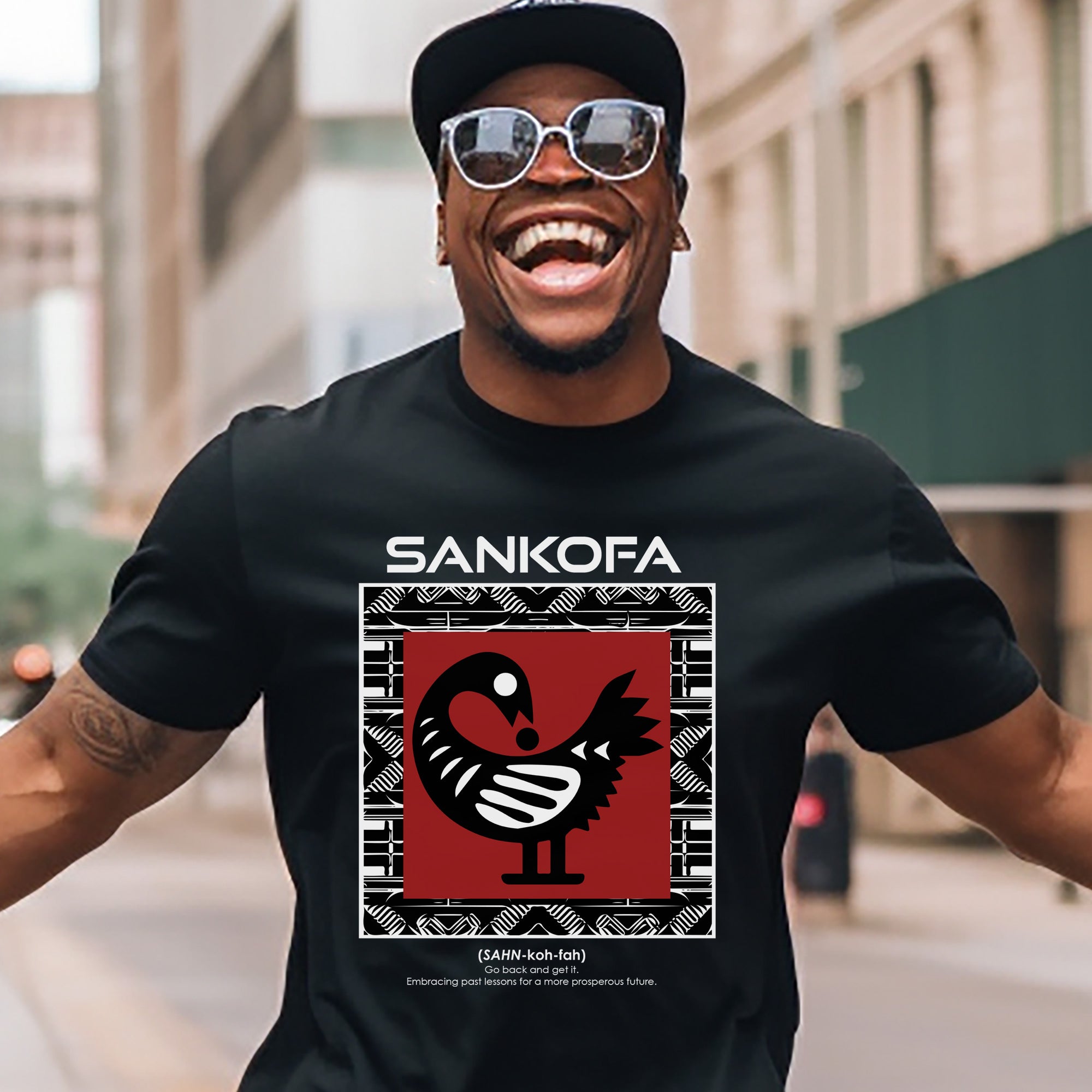 Adinkra Sankofa Tee featuring the African bird symbol with the message "Go Back and Get It." A meaningful tribute to African heritage, cultural symbolism, and learning from the past.