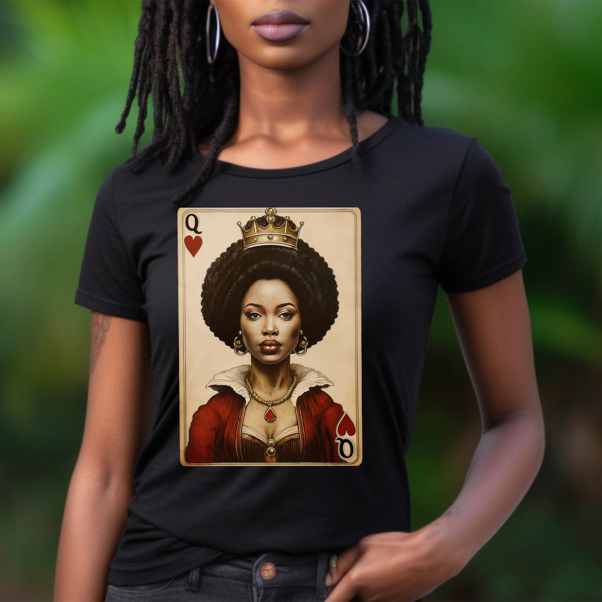Black Queen of Hearts Tee Shirt featuring an illustrated African American woman with an afro and gold crown, styled as the Queen of Hearts playing card. Afrocentric vintage-inspired streetwear design in bold red, gold, and black colors.