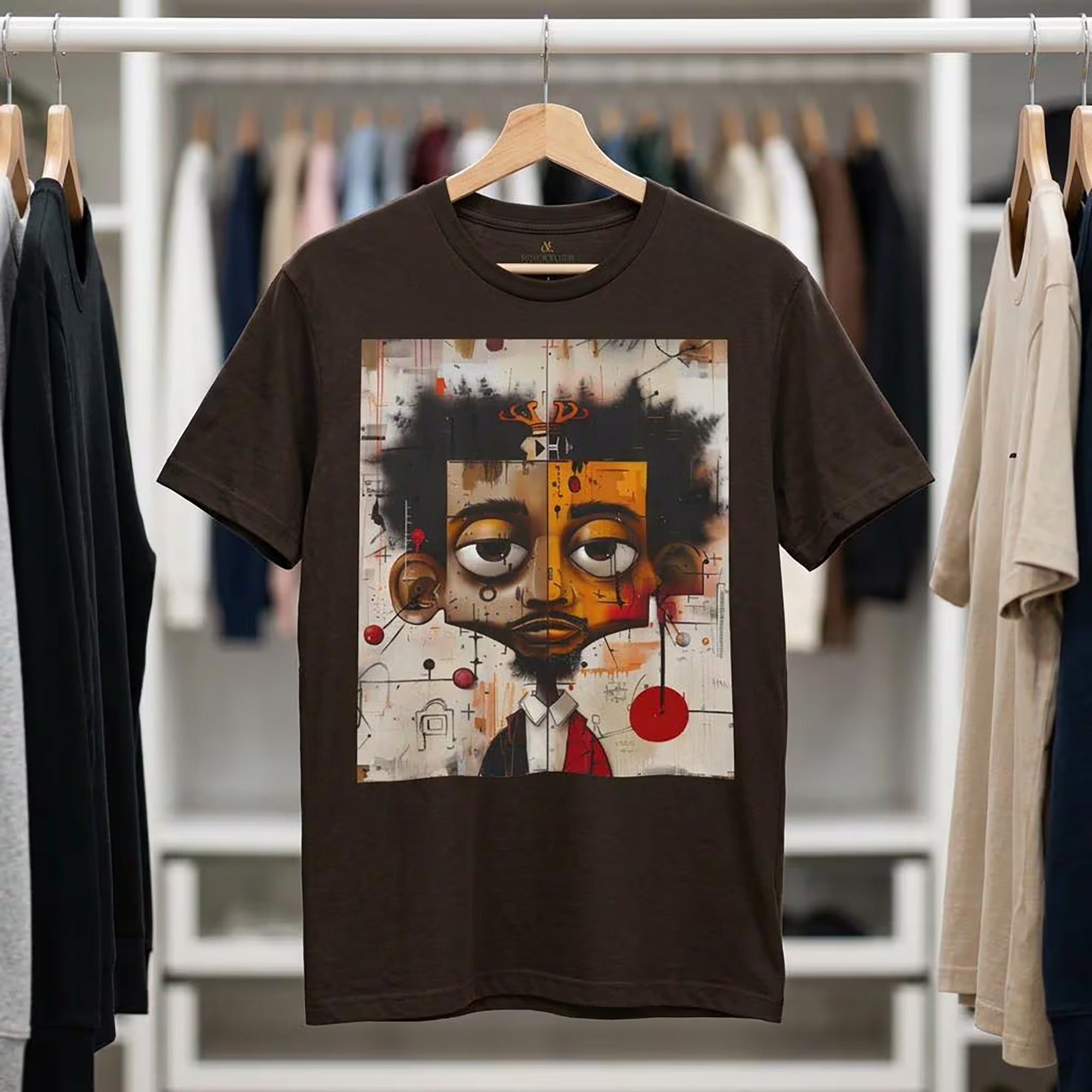 Abstract Afrocentric t-shirt featuring a split-face portrait of a Black man, half human and half robot, with expressive facial features and futuristic mechanical details in an Afrofuturism art style. Series 05