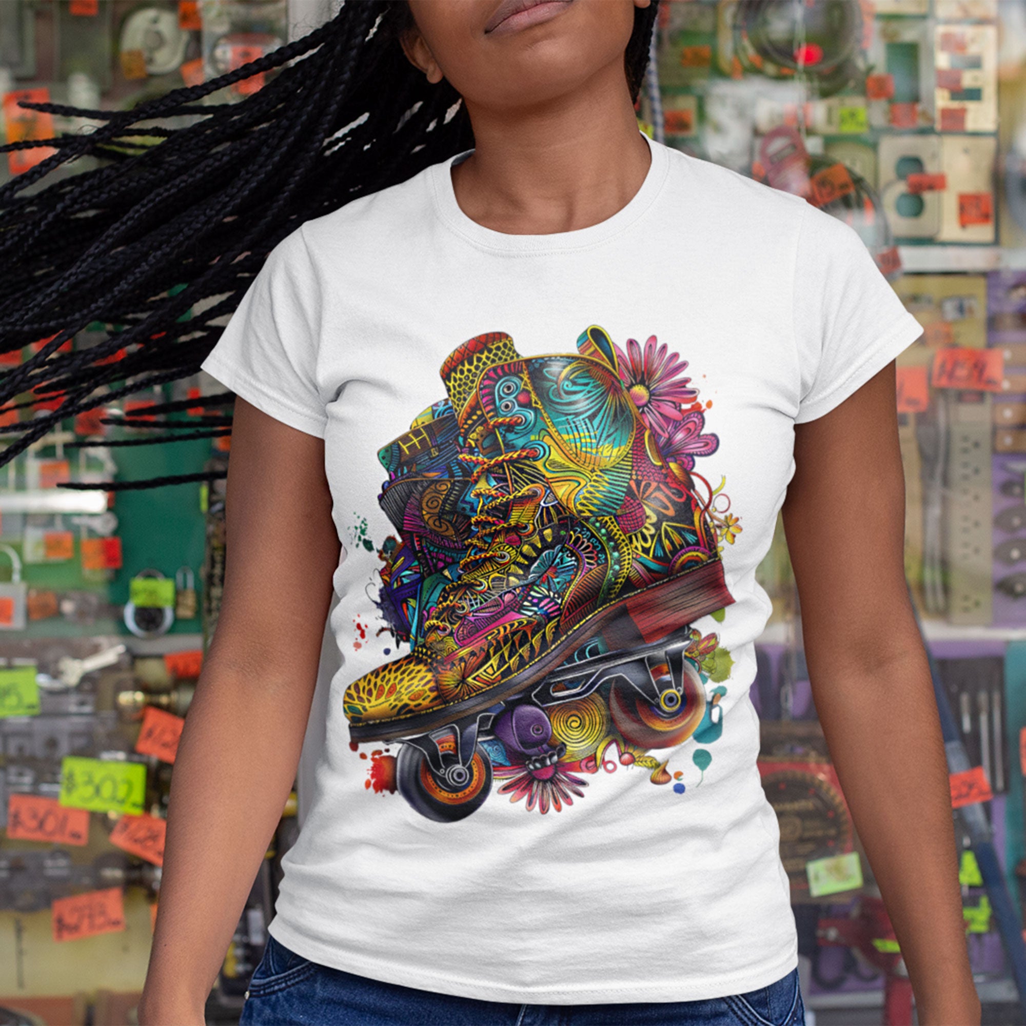 Roller Skater Psychedelic Afrocentric Style Tee in white.