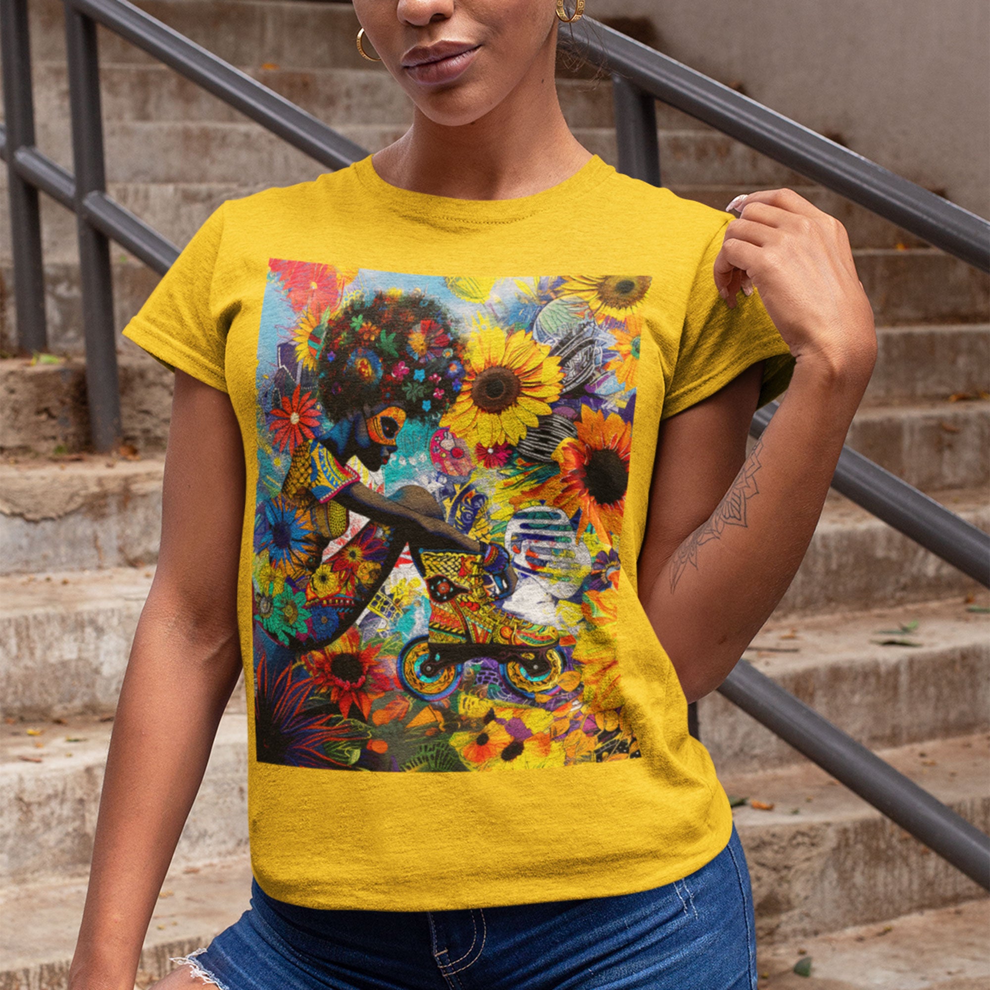 African American Woman Roller Skater Tee in mustard.