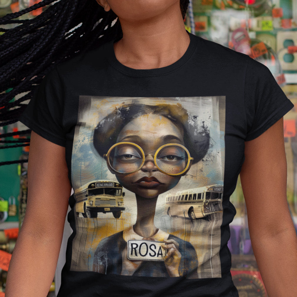 Rosa Parks Mugshot T-Shirt featuring her 1955 booking photo in a bold graphic design. Afrocentric streetwear style honoring civil rights history and Black heritage.