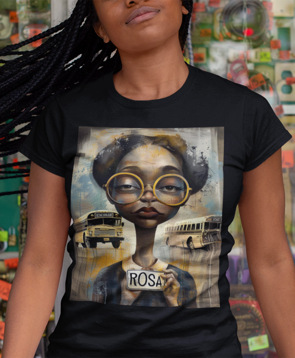 Rosa Parks Mugshot T-Shirt featuring her 1955 booking photo in a bold graphic design. Afrocentric streetwear style honoring civil rights history and Black heritage.