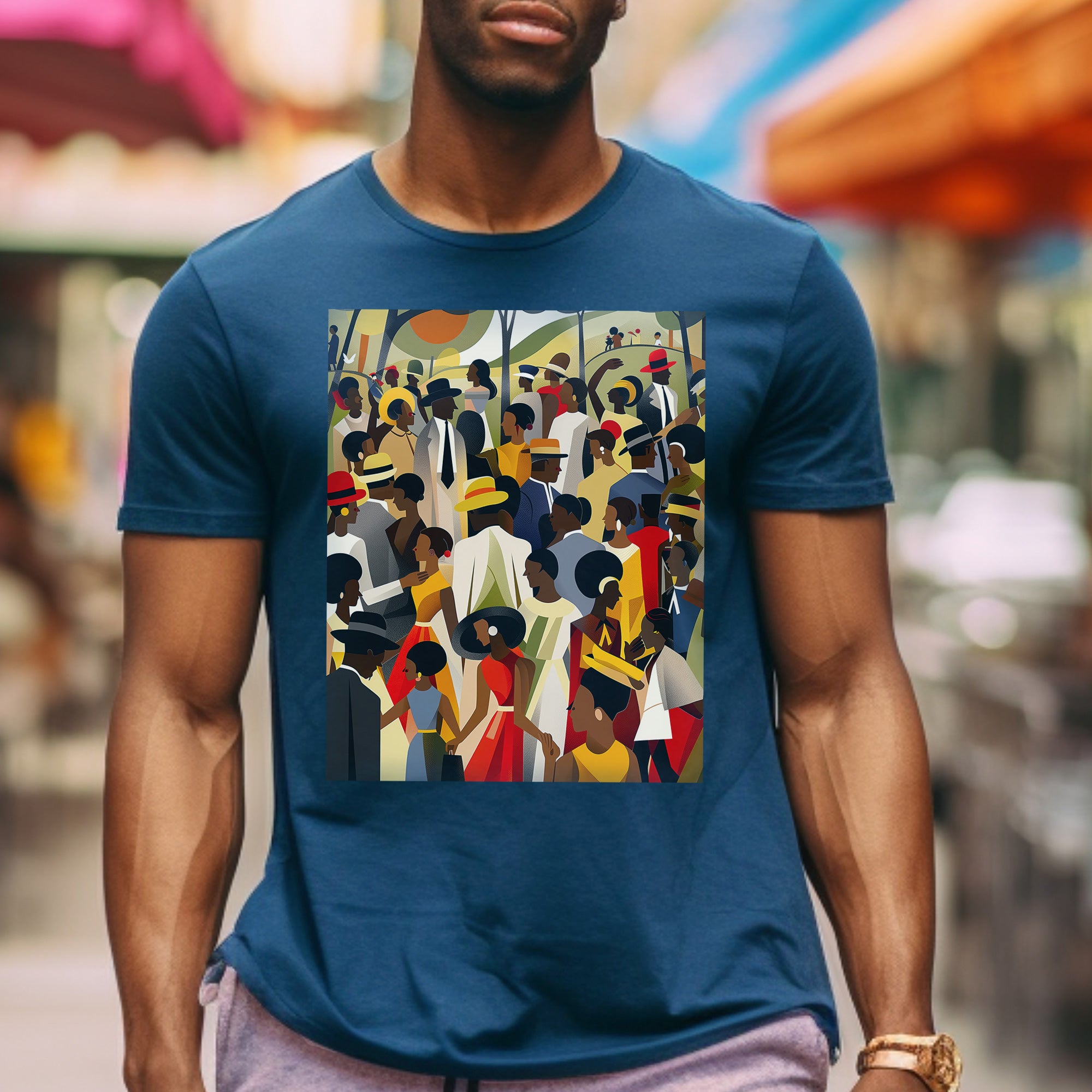 Juneteenth Celebration Tee Shirt featuring an Afrocentric design of Black people enjoying an outdoor picnic and family reunion. Adult unisex top honoring African American heritage, freedom, and cultural pride.