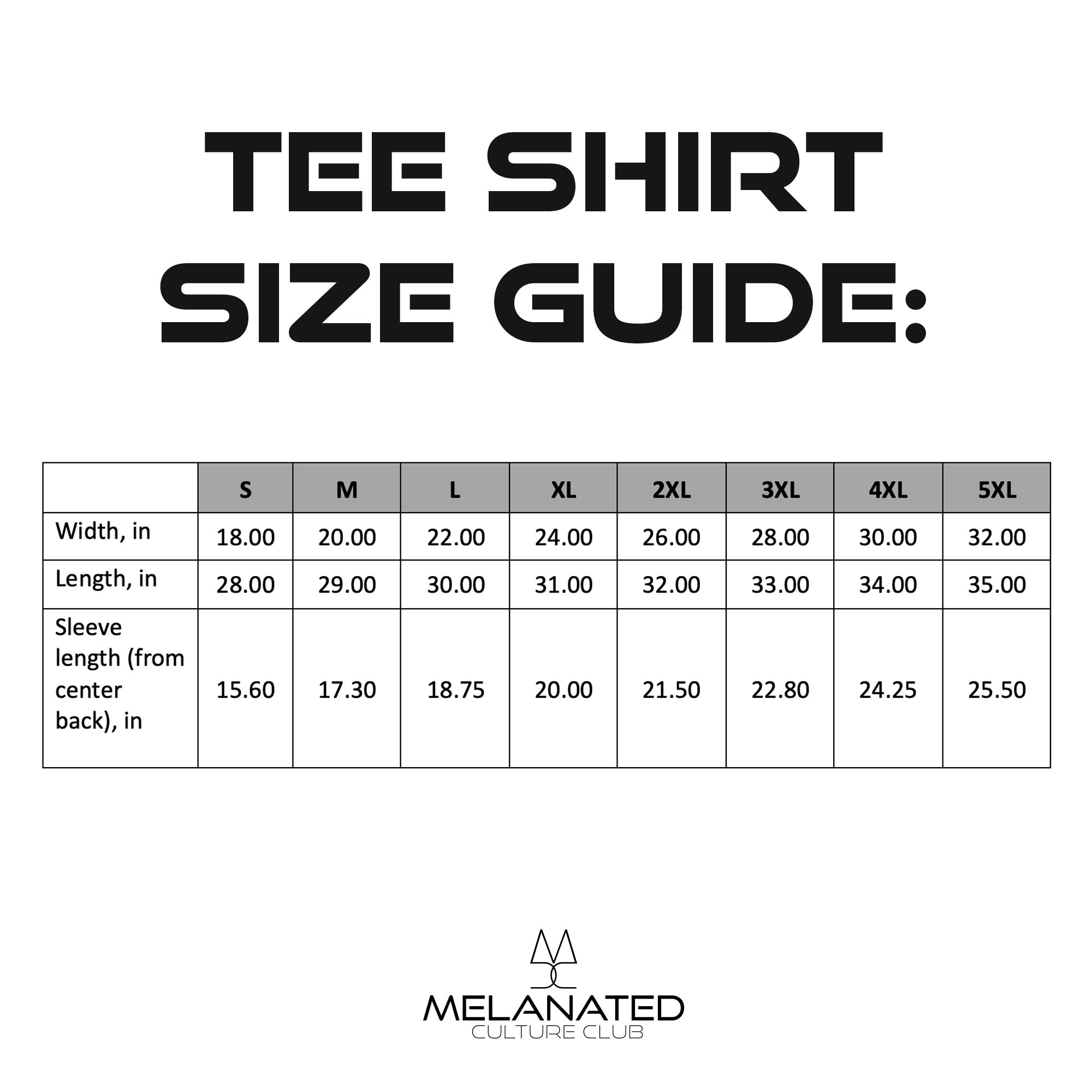 Tee shirt size guide for the abstract art tee shirt.