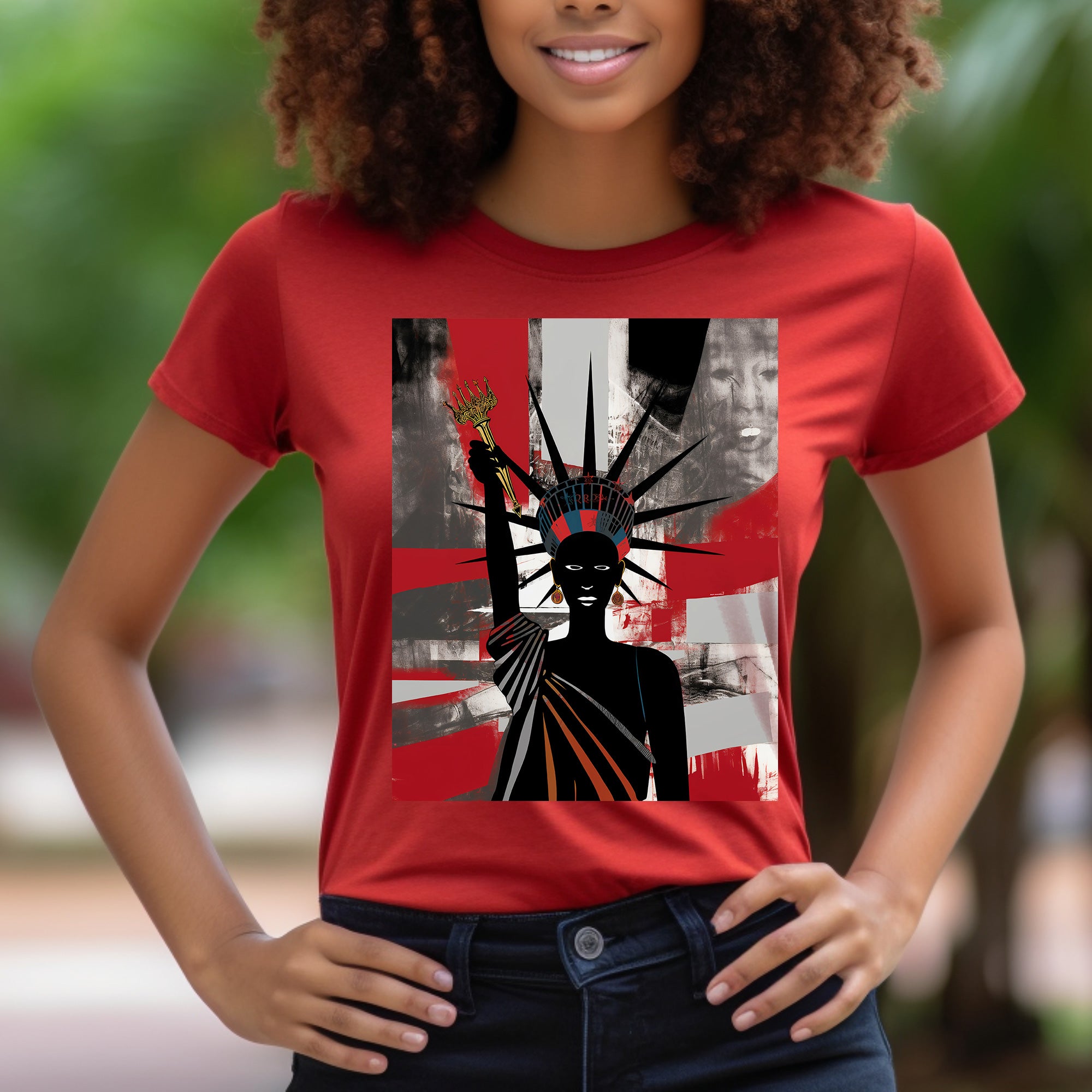 Black Woman Statue of Liberty Tee in red.