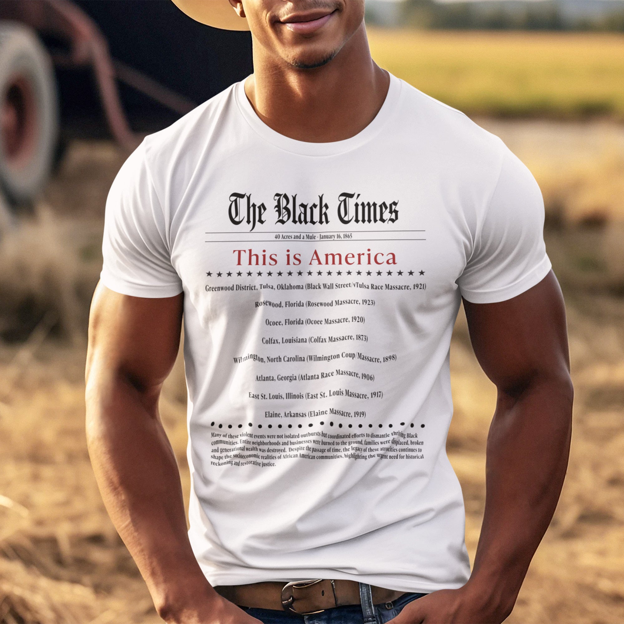 The Black Times Tee Shirt listing historical African American communities destroyed by mob violence, adult unisex Black history apparel.