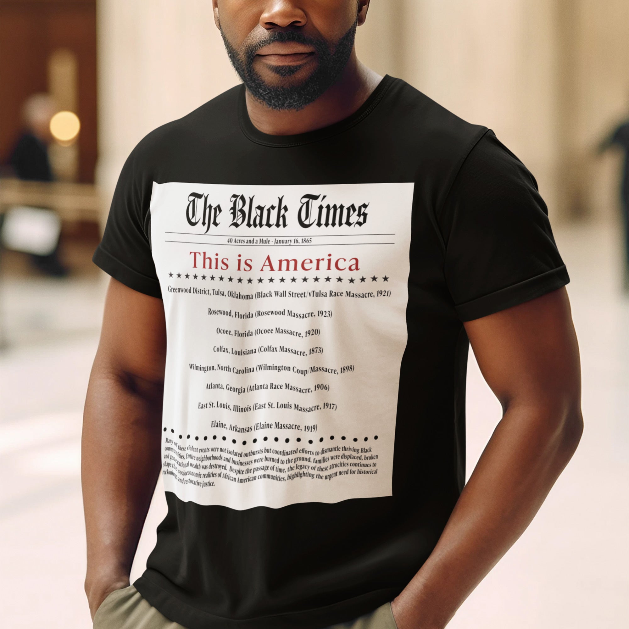 The Black Times Tee Shirt listing historical African American communities destroyed by mob violence, adult unisex Black history apparel.