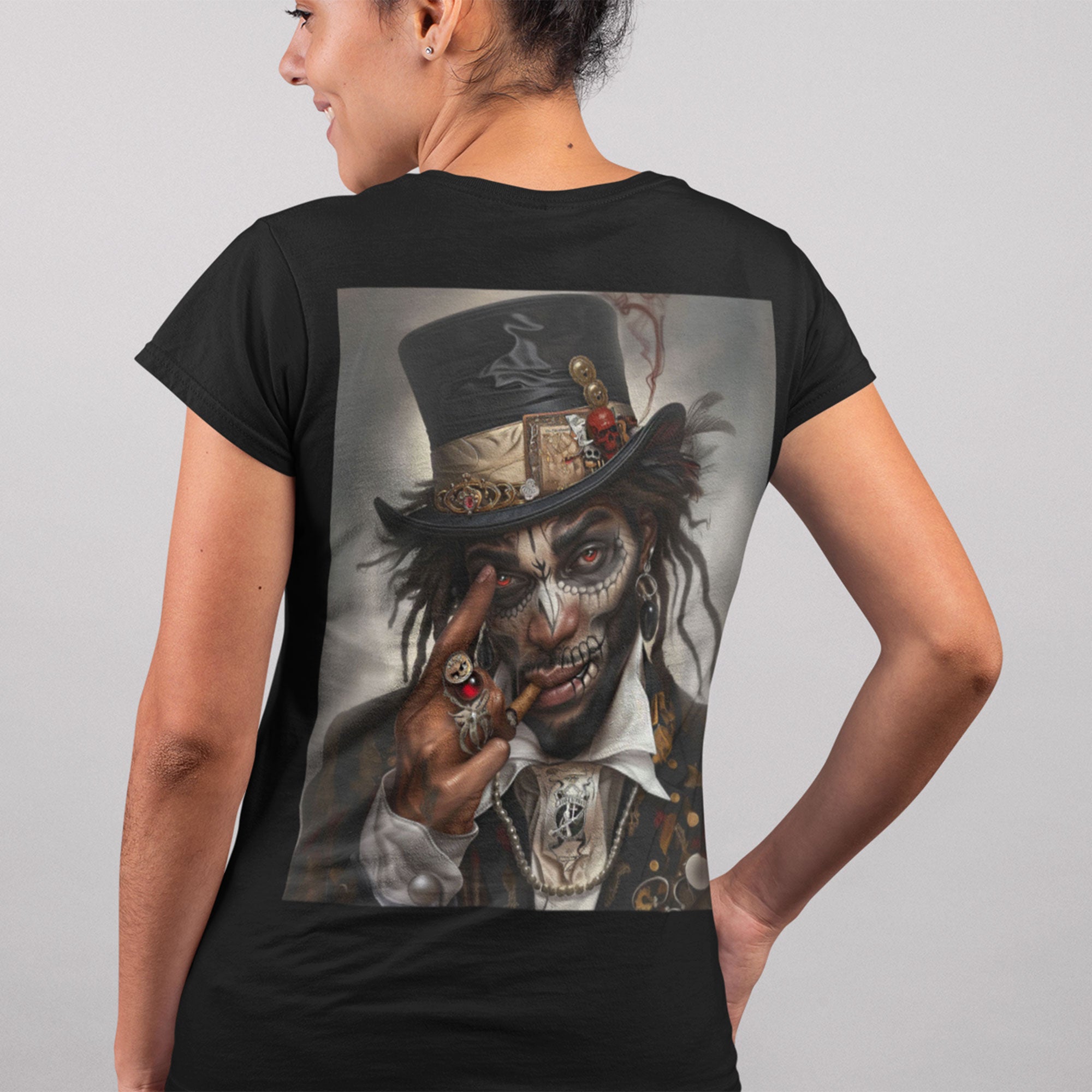 Voodoo Priest Tee Shirt featuring an Afrocentric gothic design of a voodoo priest in a top hat with skull face paint, red eyes, dark fantasy Afrocentric streetwear. (Back style)
