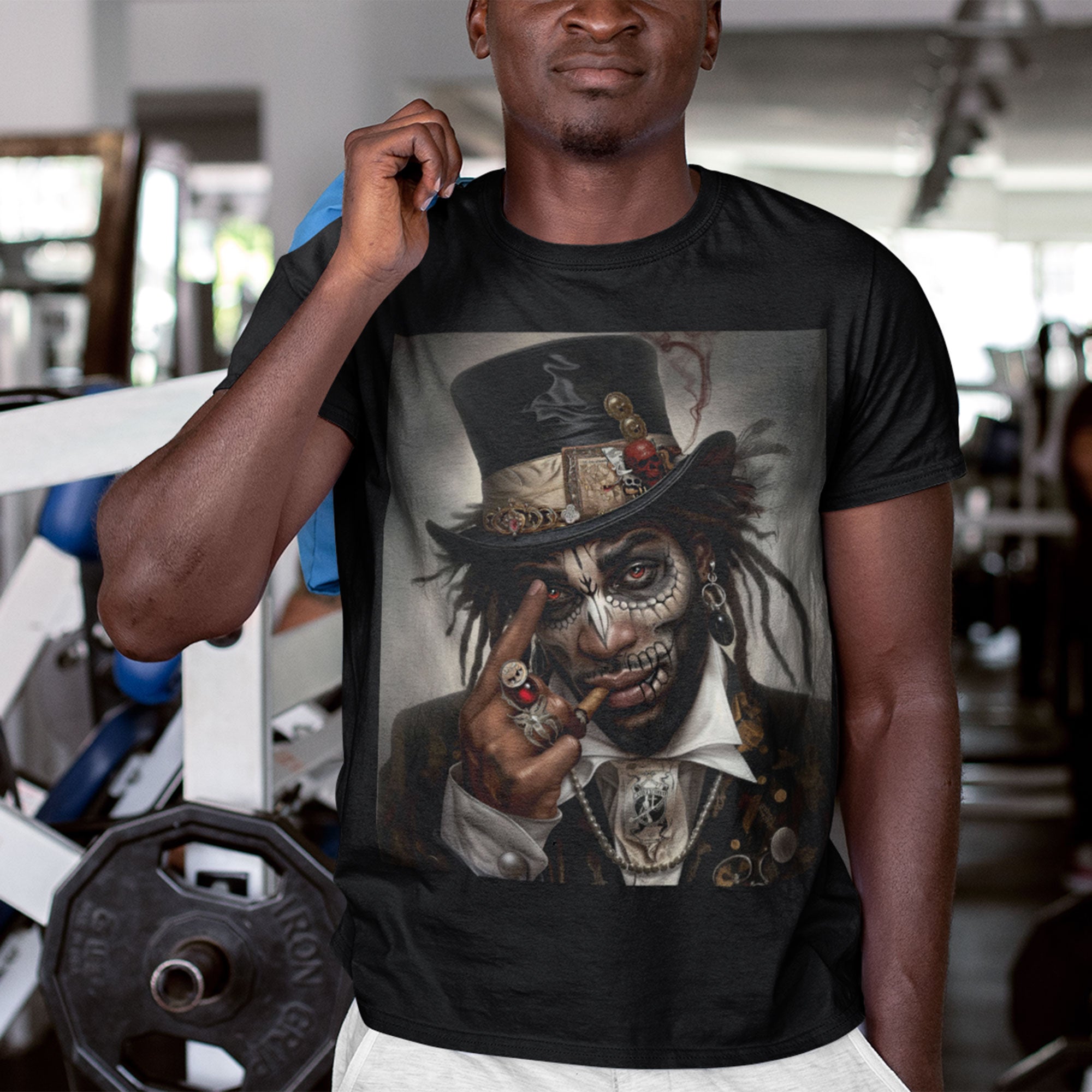 Voodoo Priest Tee Shirt featuring an Afrocentric gothic design of a voodoo priest in a top hat with skull face paint, red eyes, dark fantasy Afrocentric streetwear. (Front style)