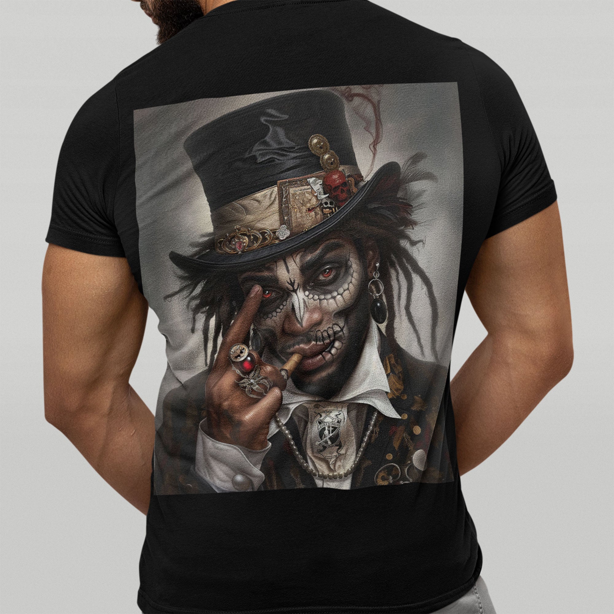 Voodoo Priest Tee Shirt featuring an Afrocentric gothic design of a voodoo priest in a top hat with skull face paint, red eyes, dark fantasy Afrocentric streetwear. (Back style)
