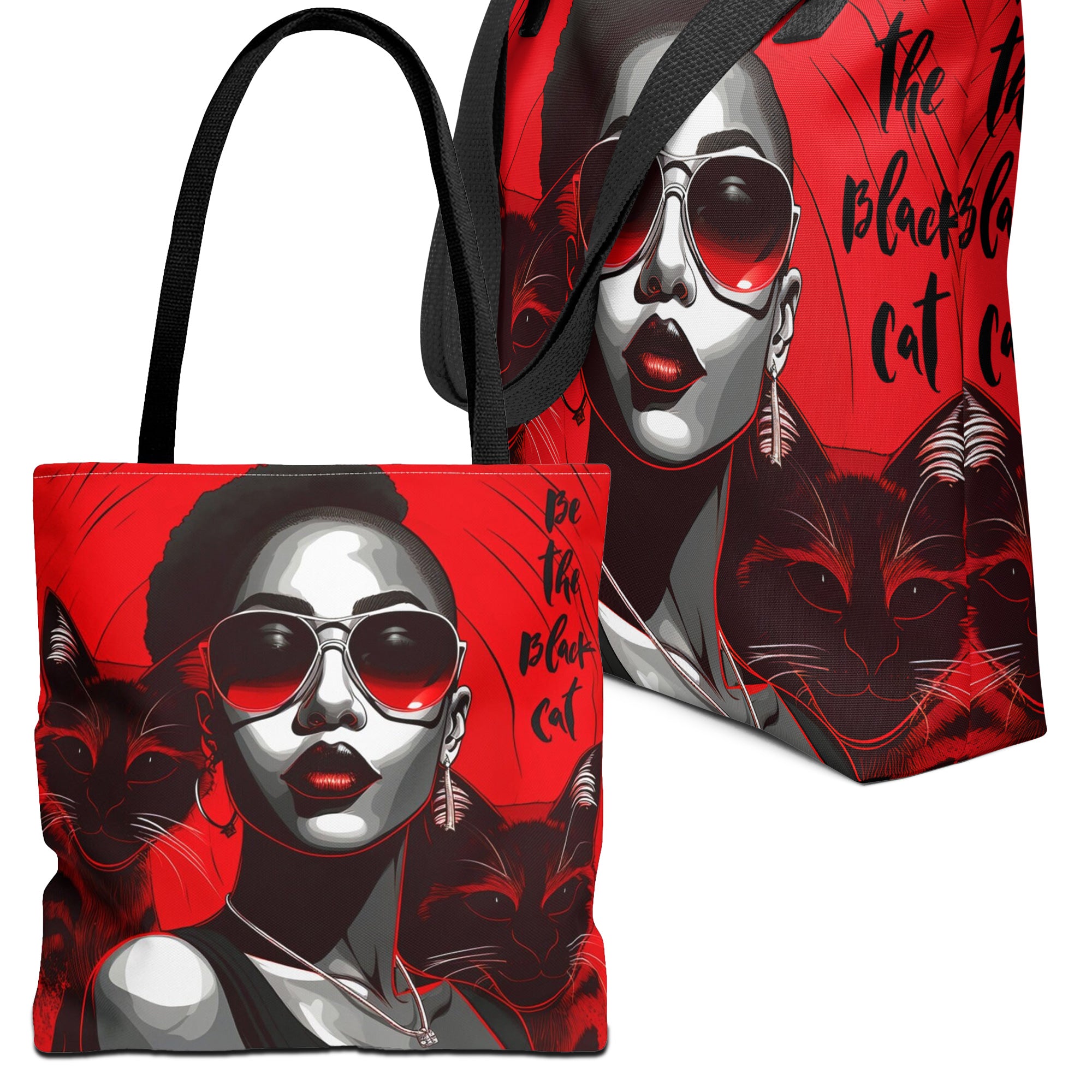 Black Woman Black Cat Tote Bag - front  and side views.