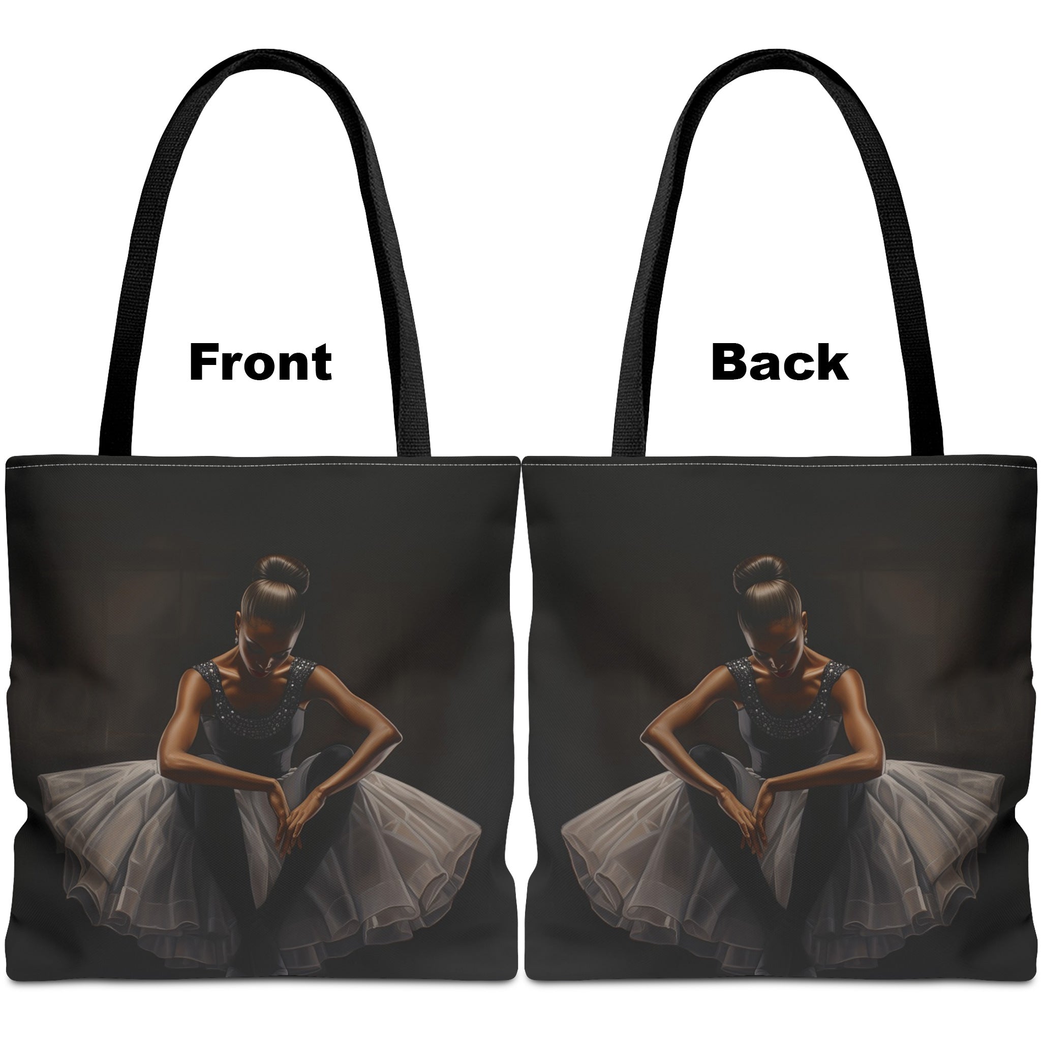 Black Ballet Dancer Tote Bag featuring a brown skin girl in a white tutu captured in a graceful ballet pose, Afrocentric ballet gift tote.