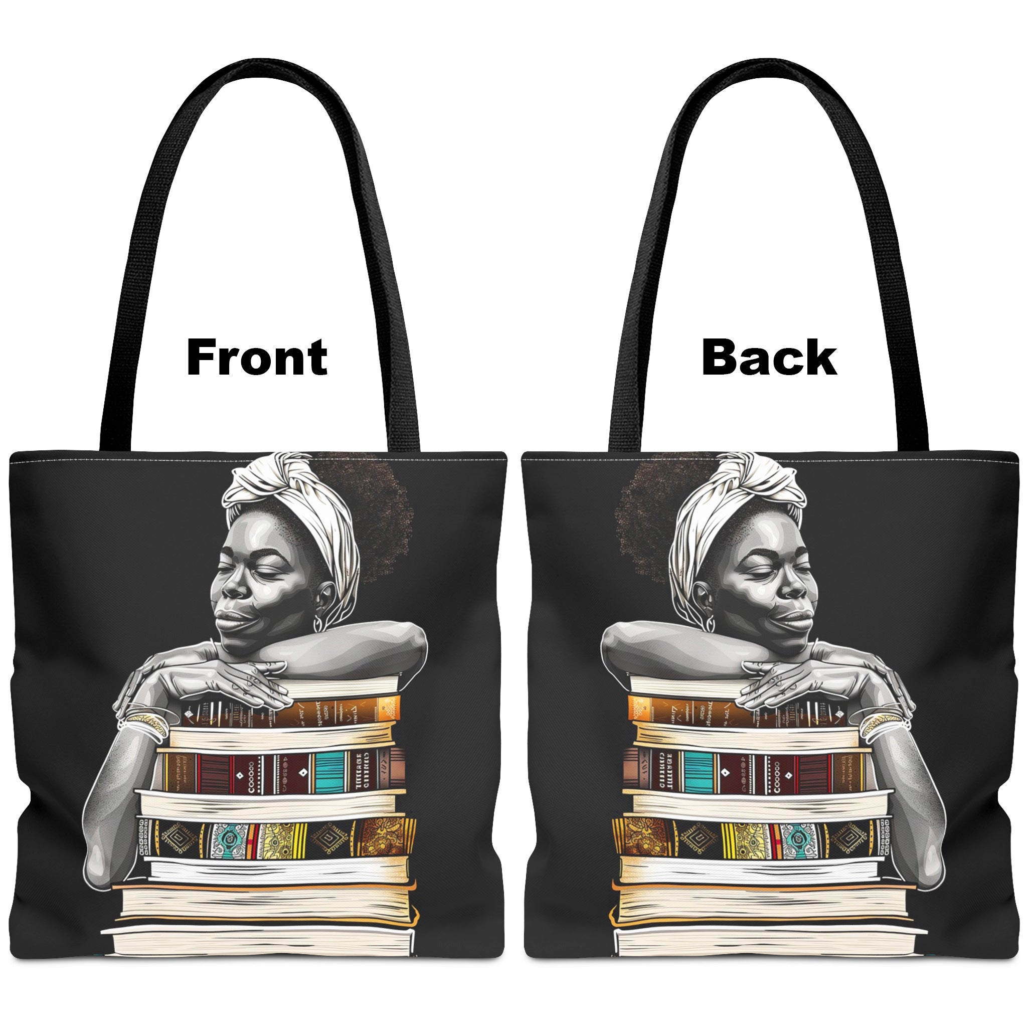 Afrocentric canvas tote bag featuring a peaceful Black woman embracing books, symbolizing education, knowledge, freedom, and generational legacy.